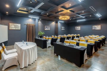 a room with tables and chairs