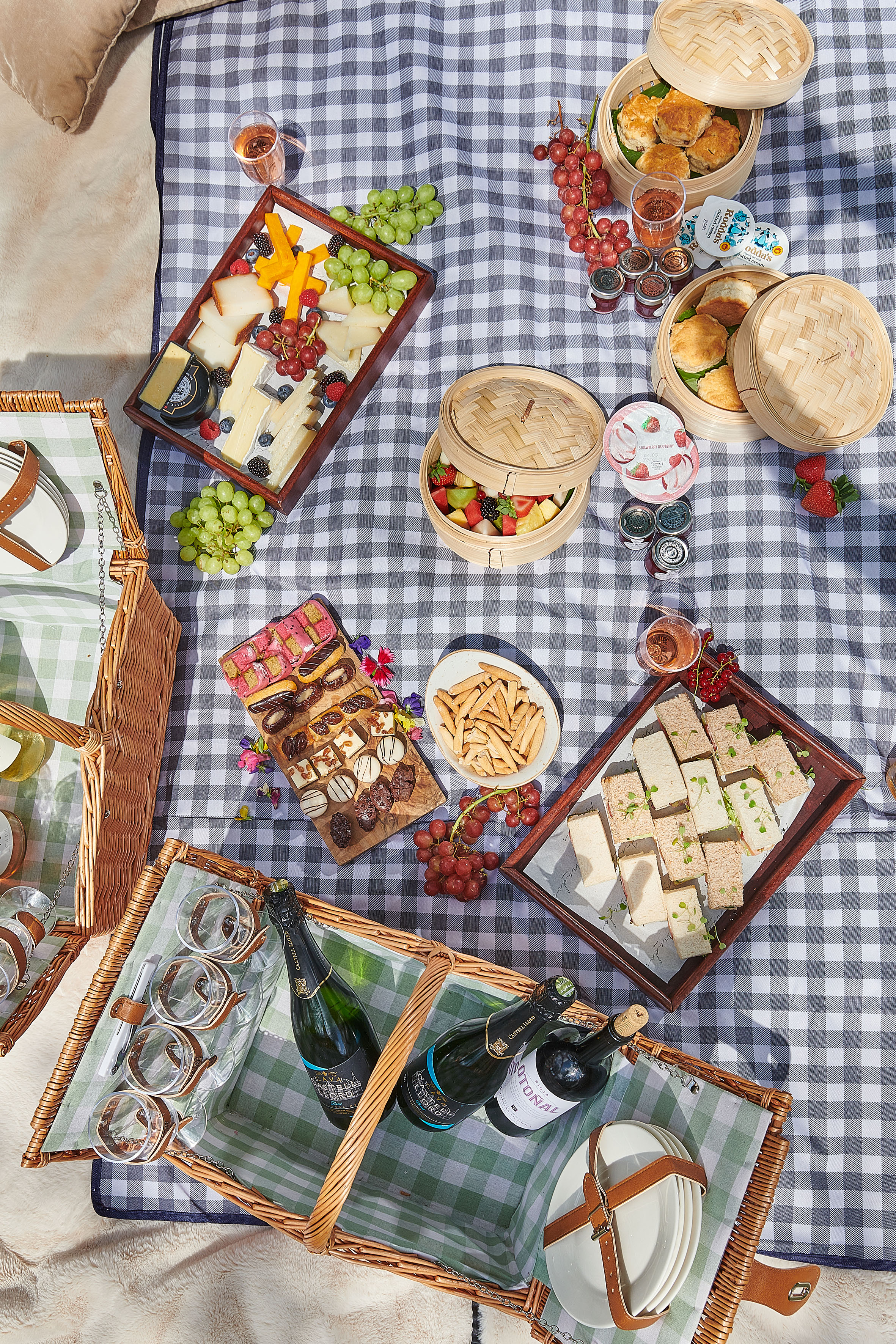 Outdoor picnic on checkered blanket with cheese, fruit, sandwiches, and wine.
