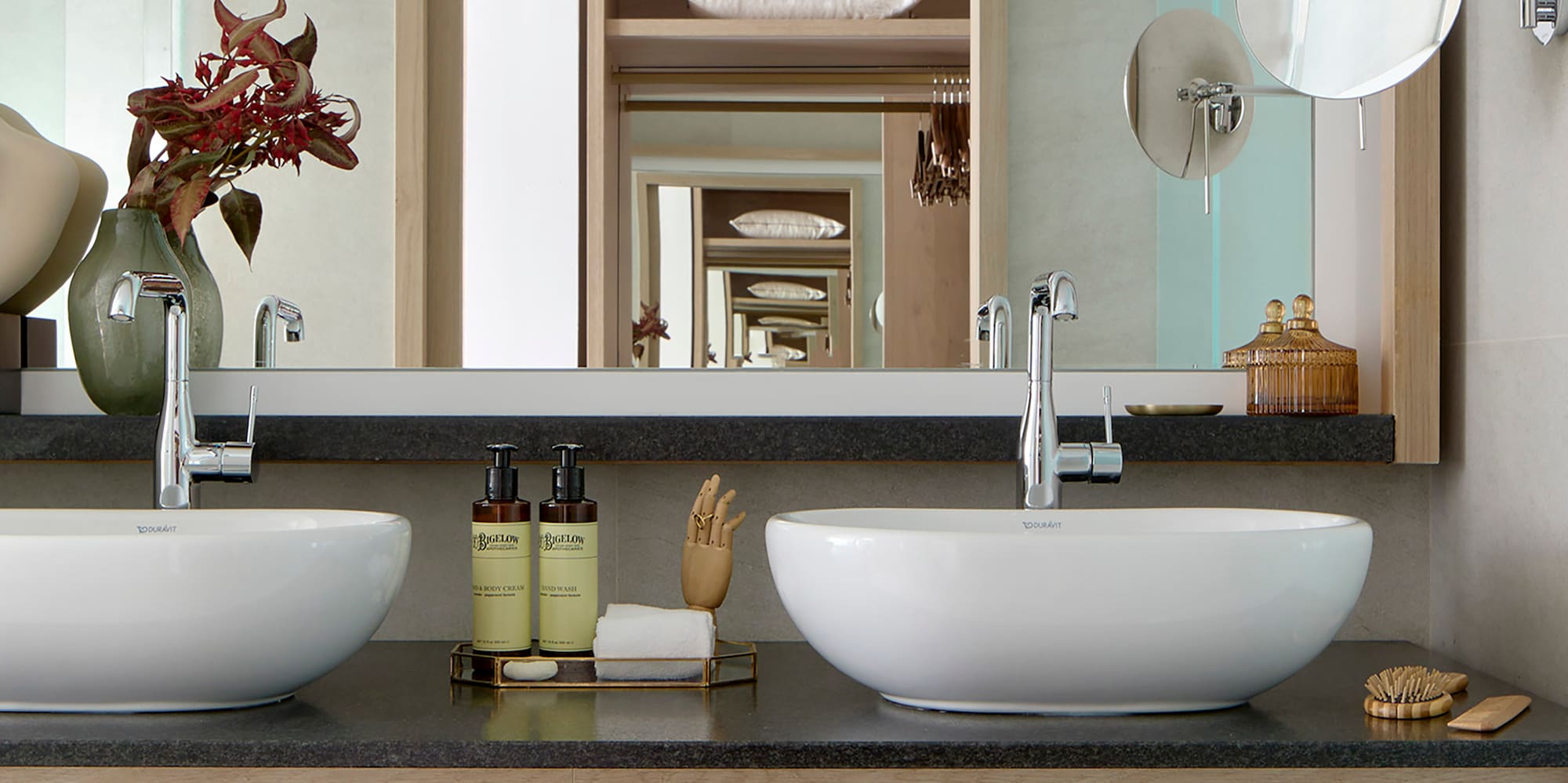 a bathroom with two sinks