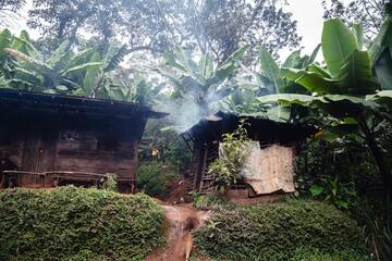 a two wooden huts in the woods