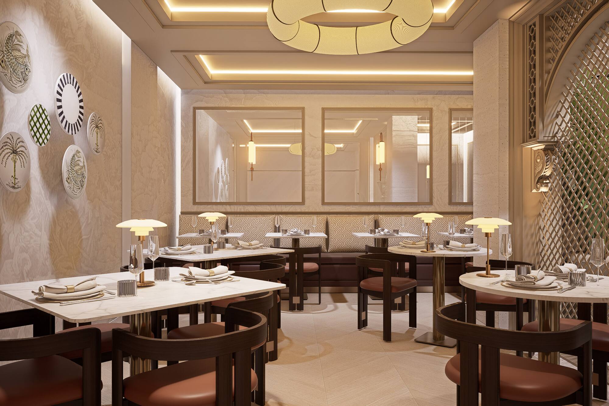 Elegant restaurant dining room with marble tables, dark chairs, and wall decor.