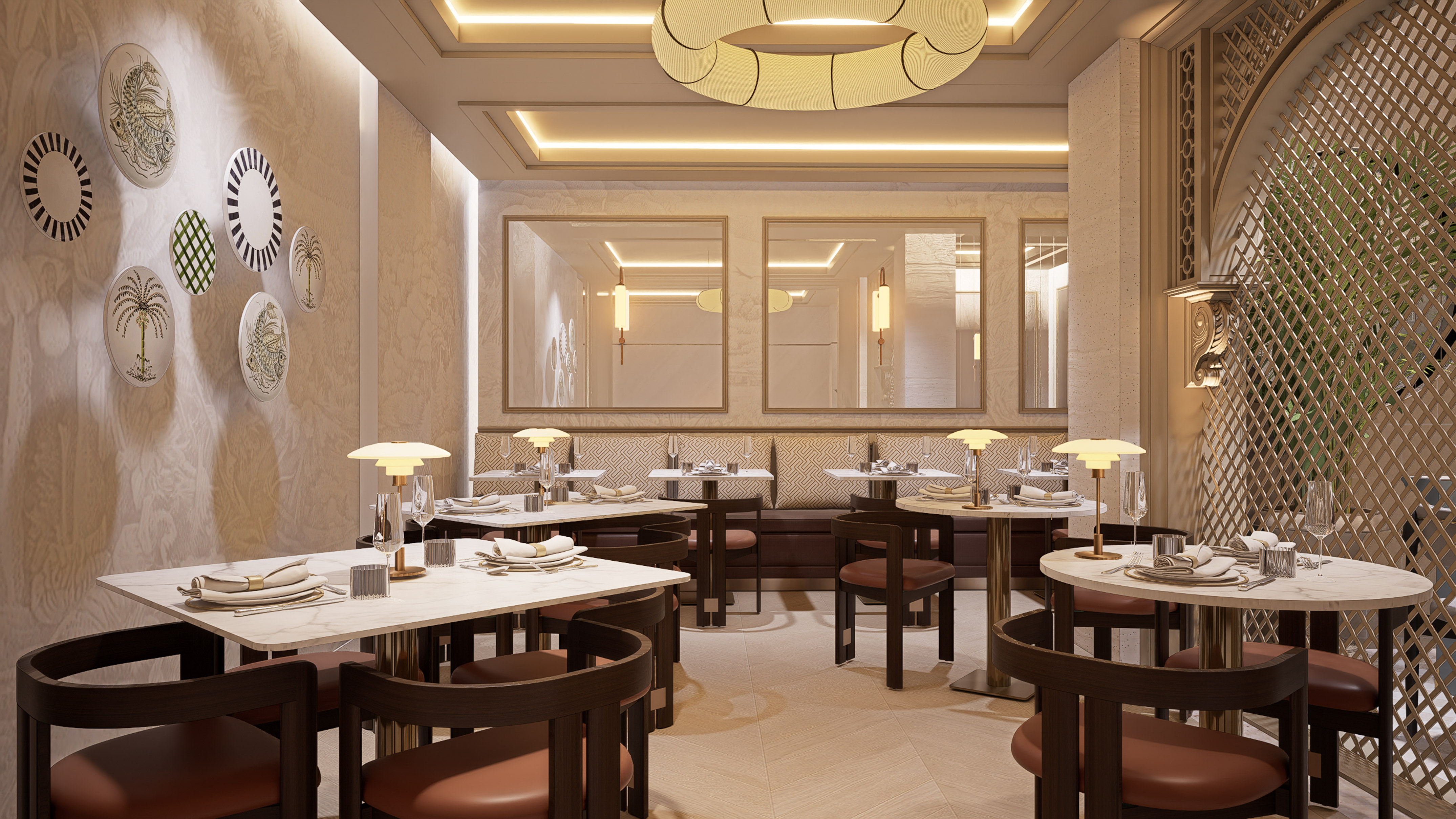 Elegant restaurant dining room with marble tables, dark chairs, and wall decor.