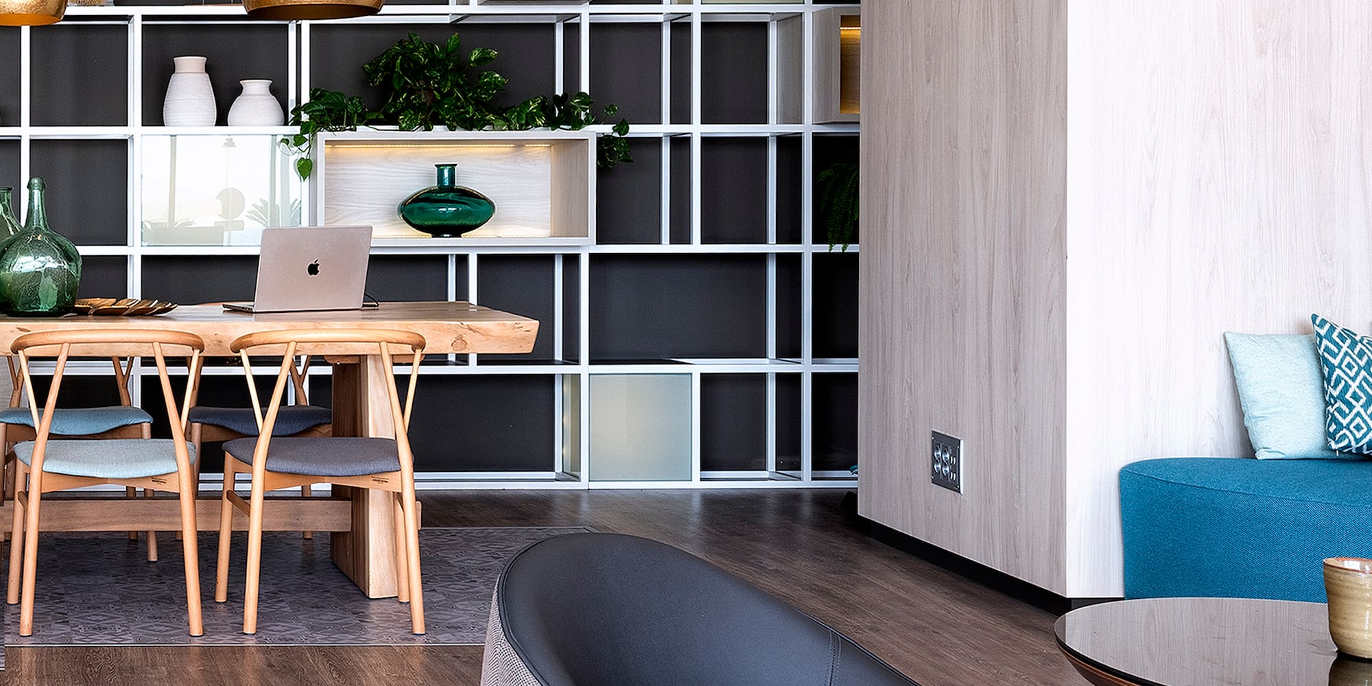 a room with a table and chairs