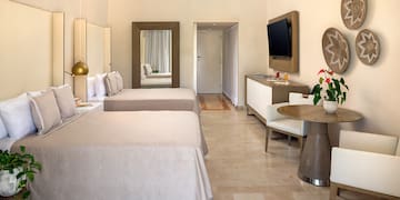 a room with two beds and a television