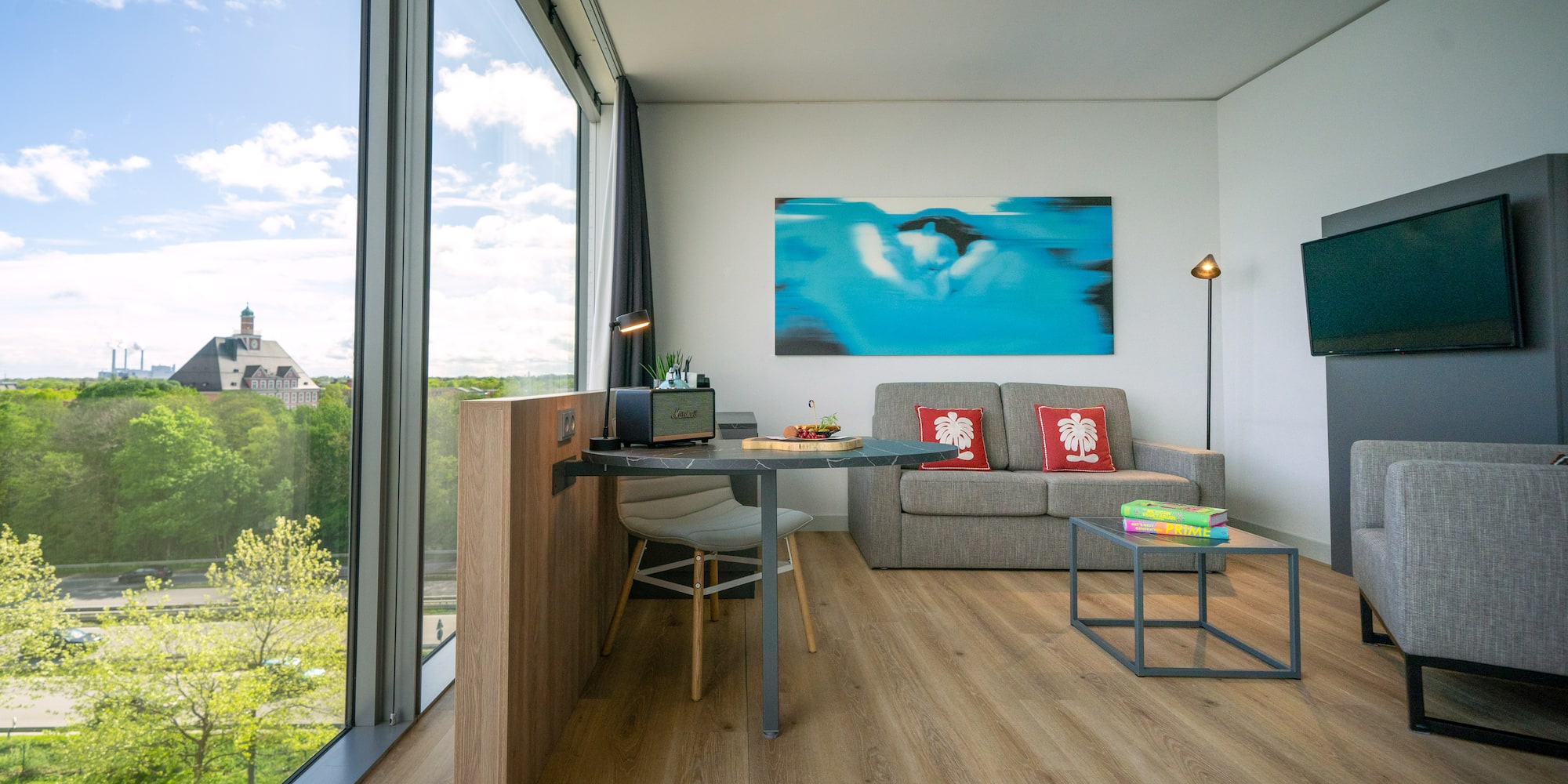 a room with a couch and a table