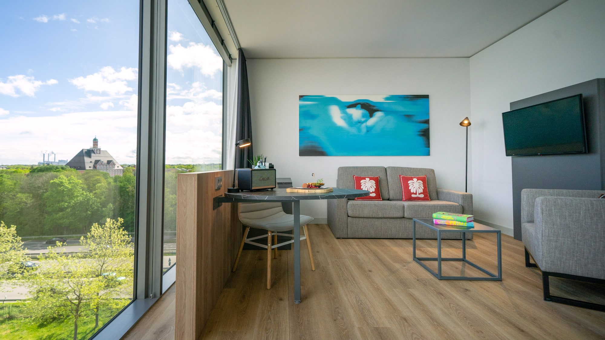 a room with a couch and a table