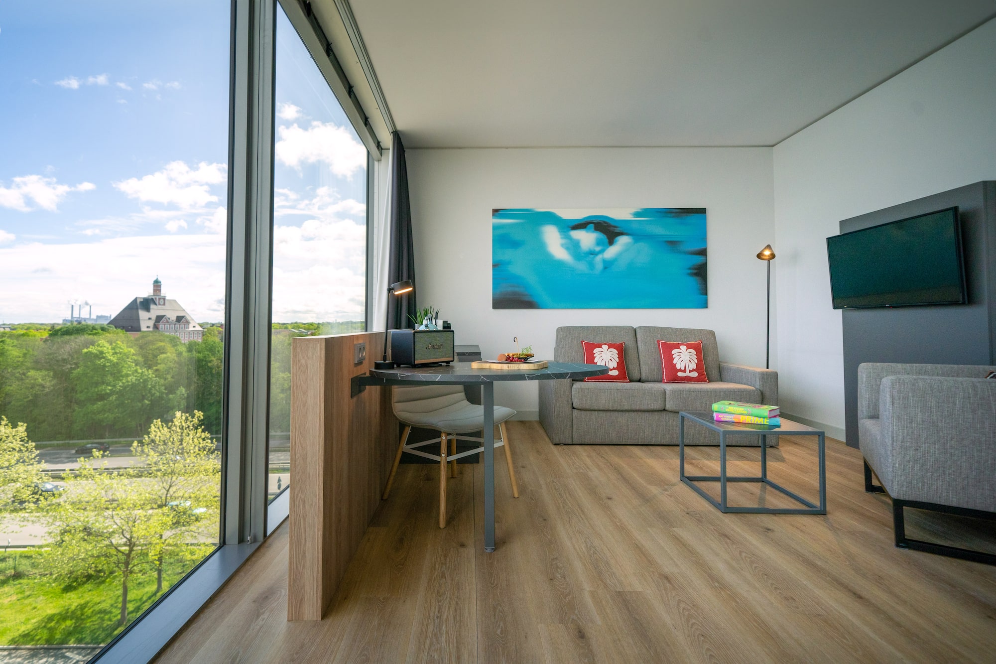 a room with a couch and a table