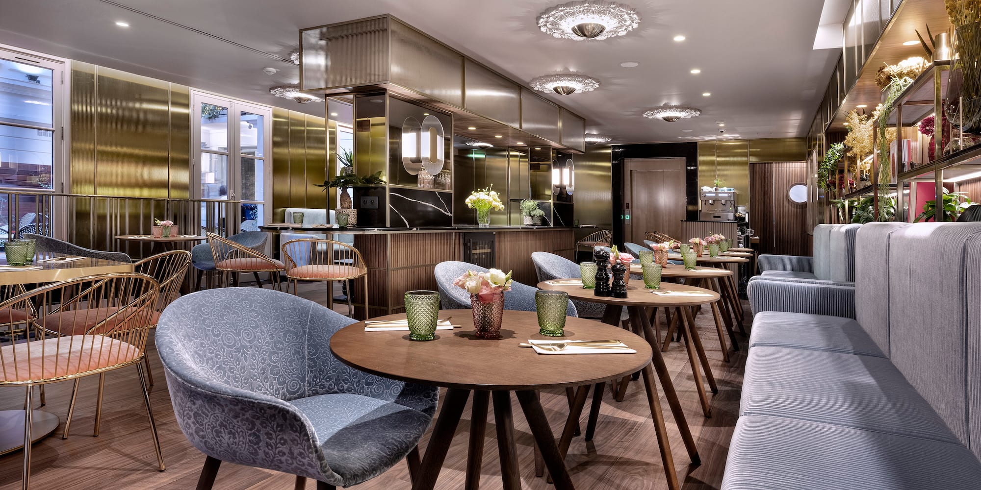 a room with tables and chairs