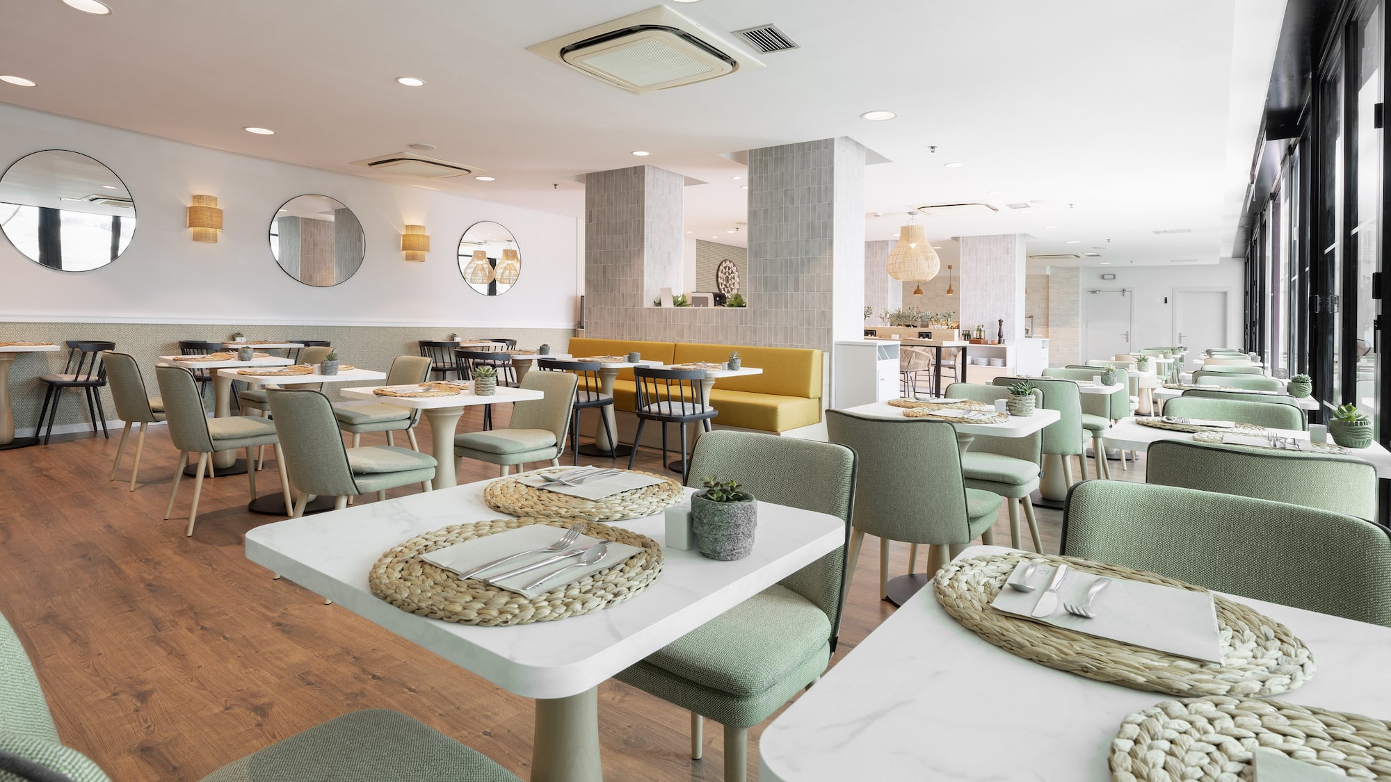 a room with tables and chairs