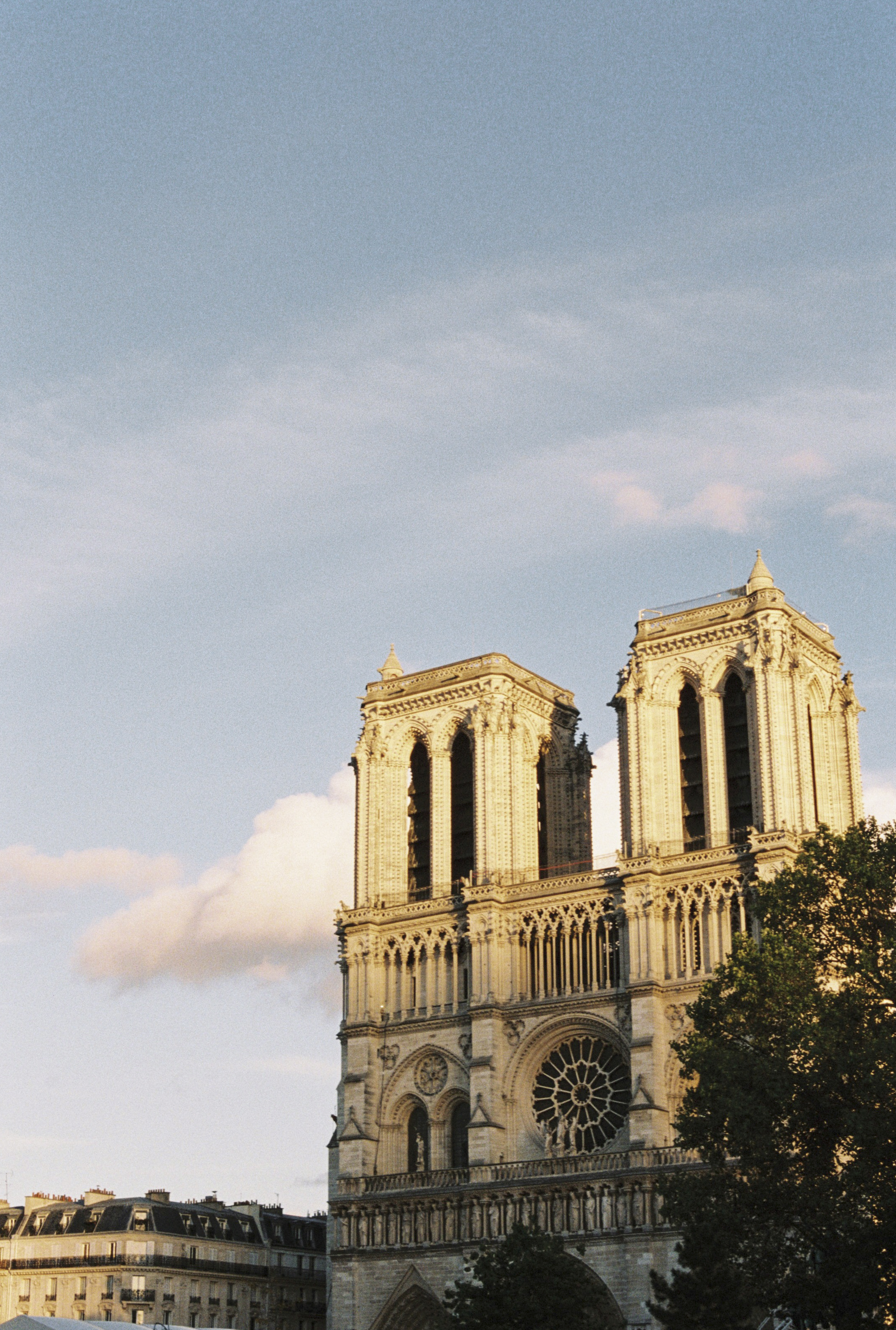 Notre Dame Cathedral's Gothic towers and rose window bathed in golden light, Paris.
