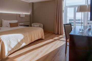 a room with a bed and a desk