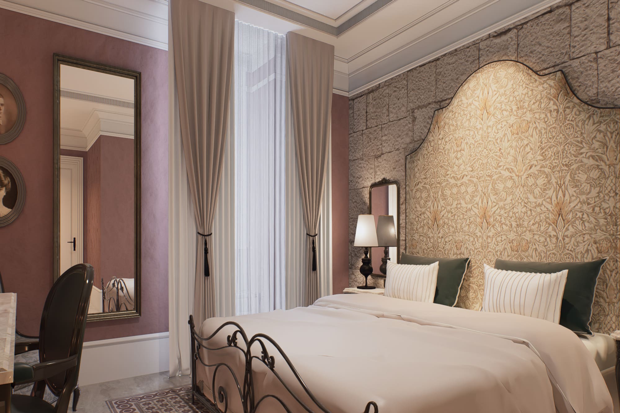 Dormitorio vintage elegante con cabecero floral, cama de forja y pared de piedra.