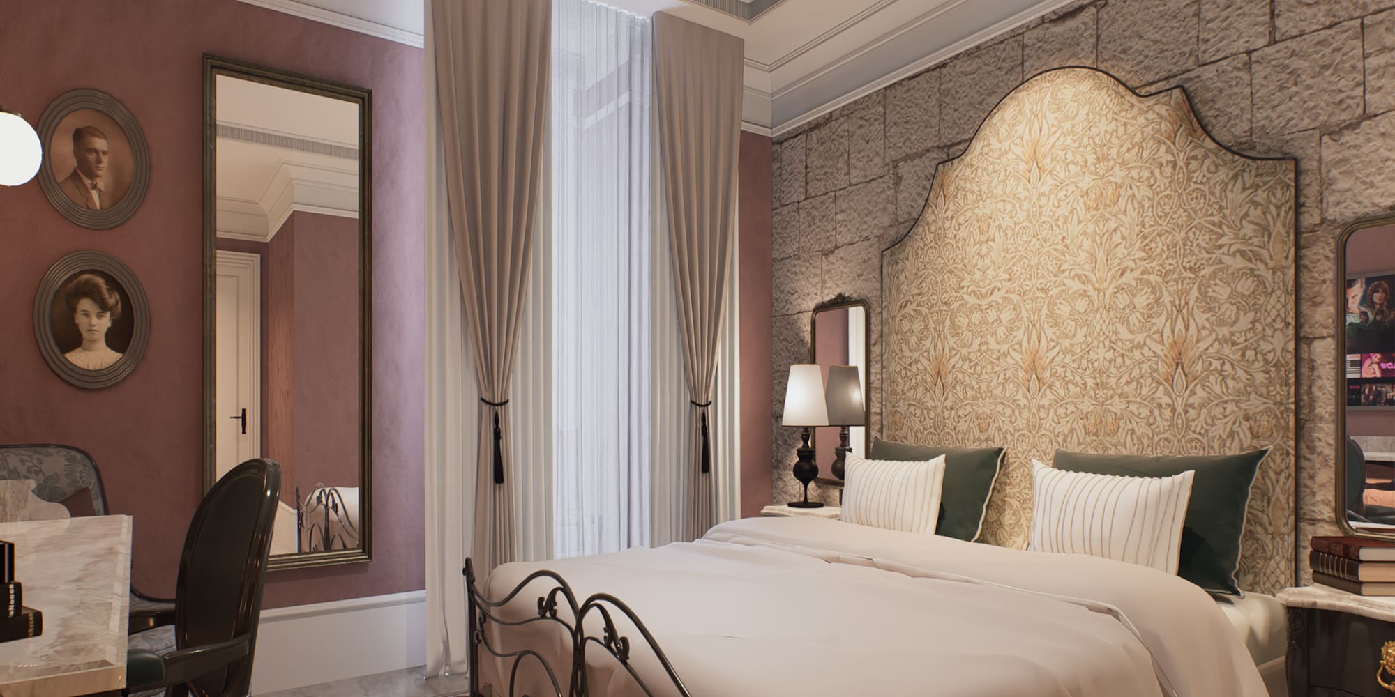 Elegant vintage bedroom with ornate headboard, wrought iron bed, and stone wall.
