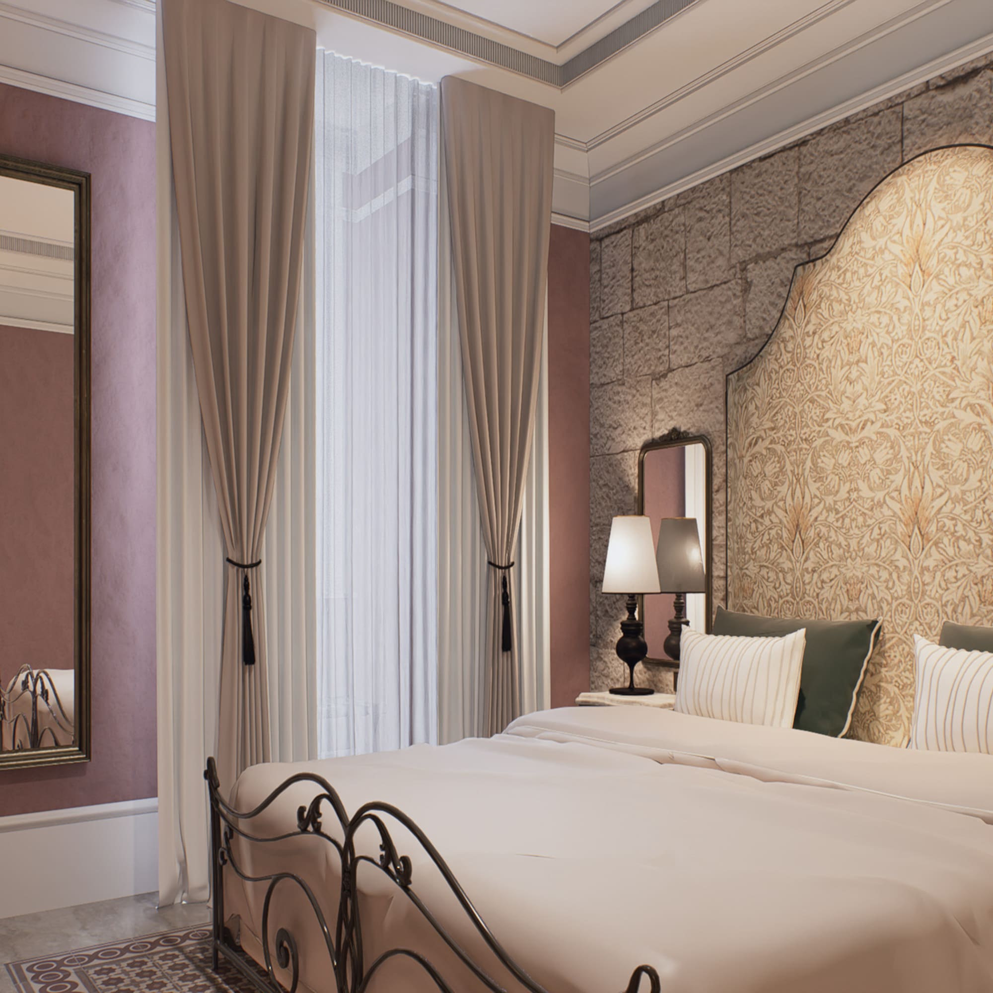 Dormitorio vintage elegante con cabecero floral, cama de forja y pared de piedra.