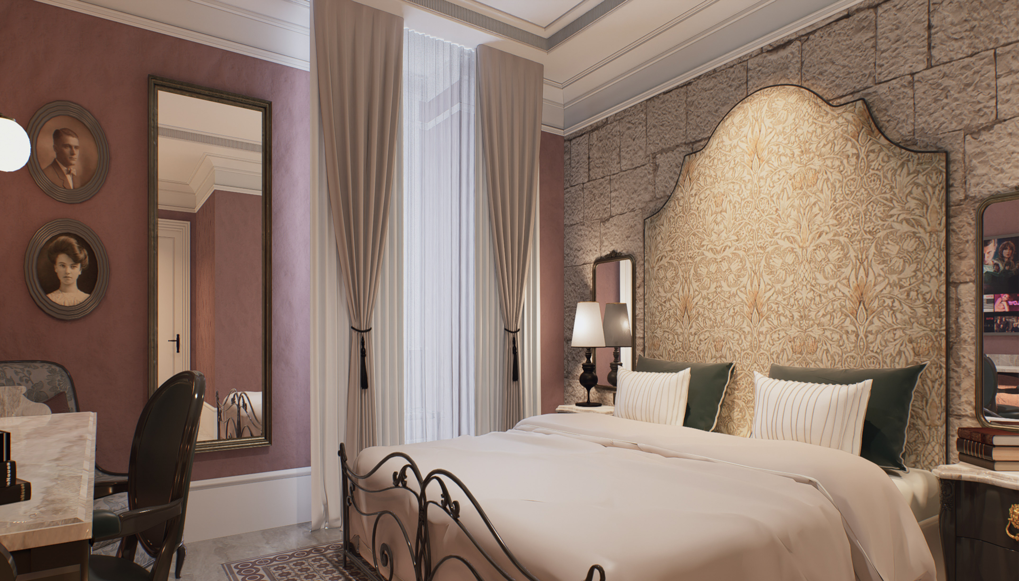 Dormitorio vintage elegante con cabecero floral, cama de forja y pared de piedra.