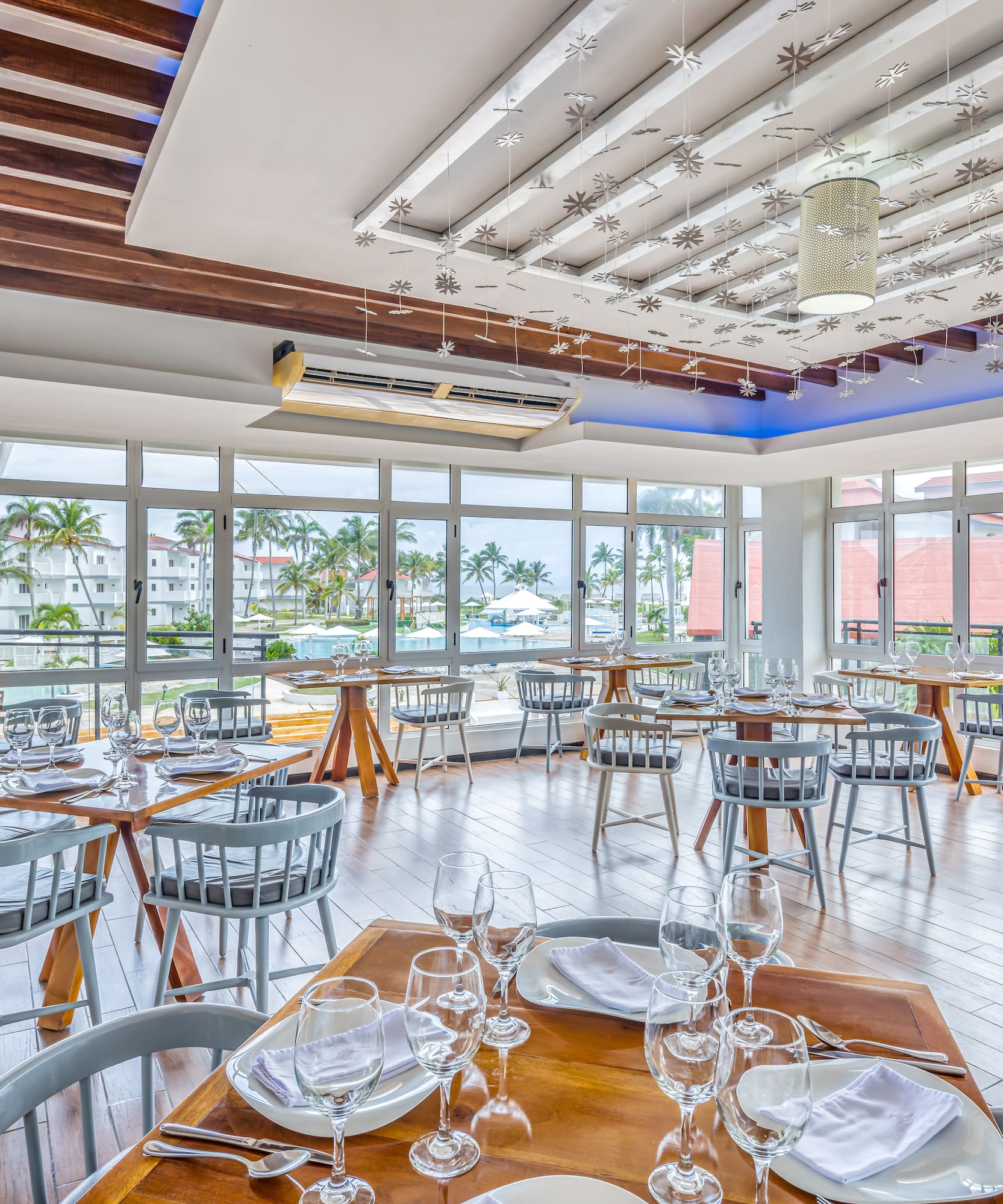 a room with tables and chairs