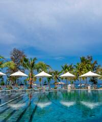 a pool with umbrellas and chairs and palm trees