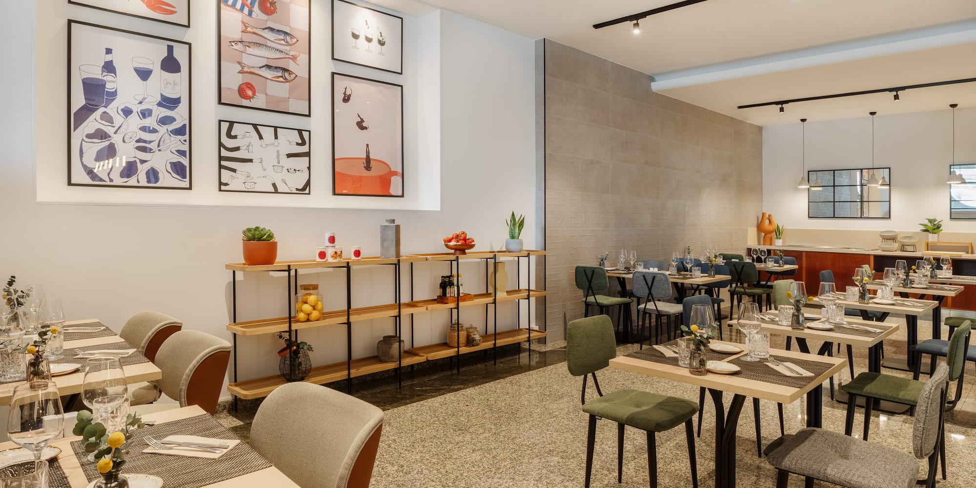 a room with tables and chairs