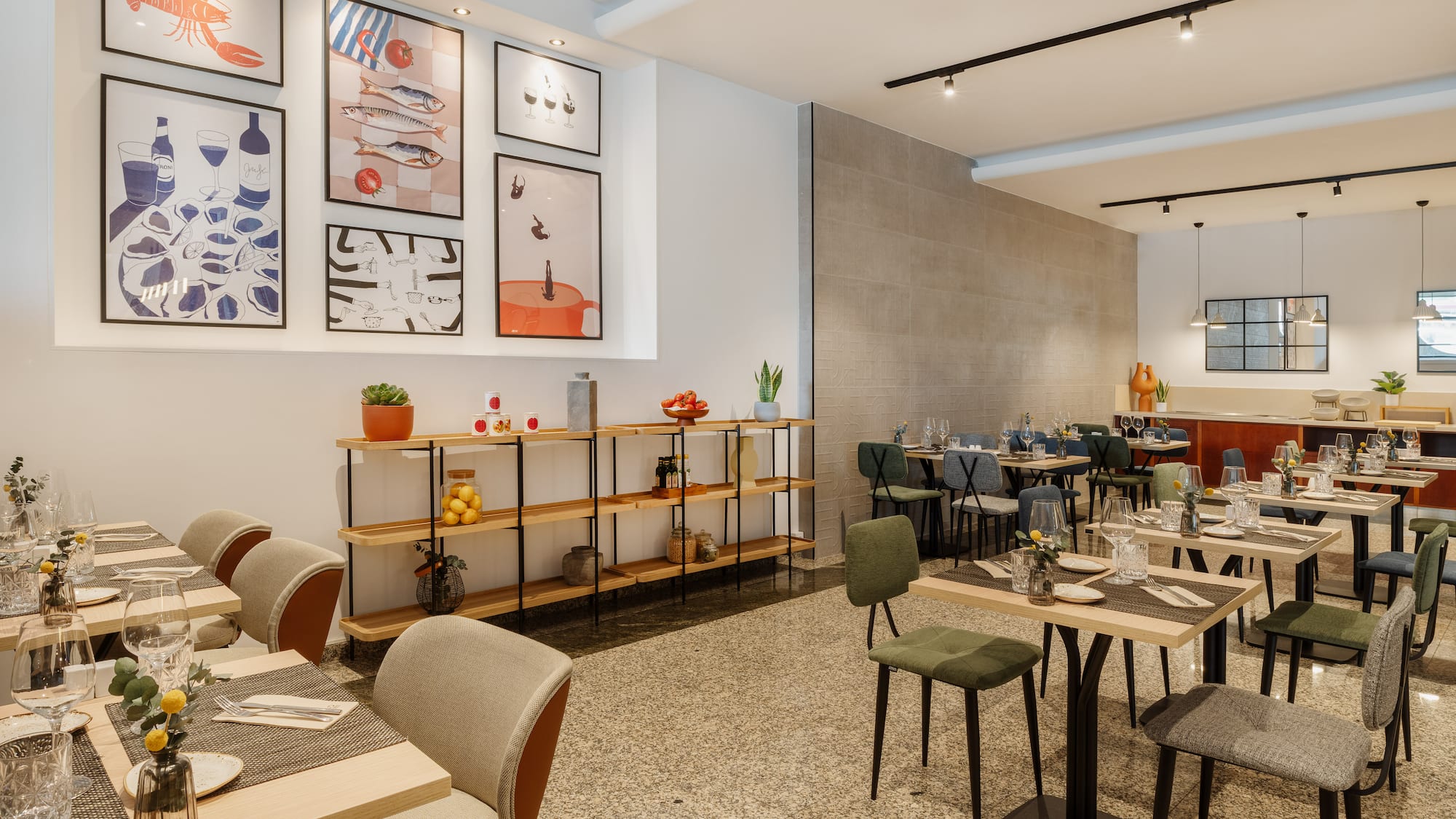 a room with tables and chairs