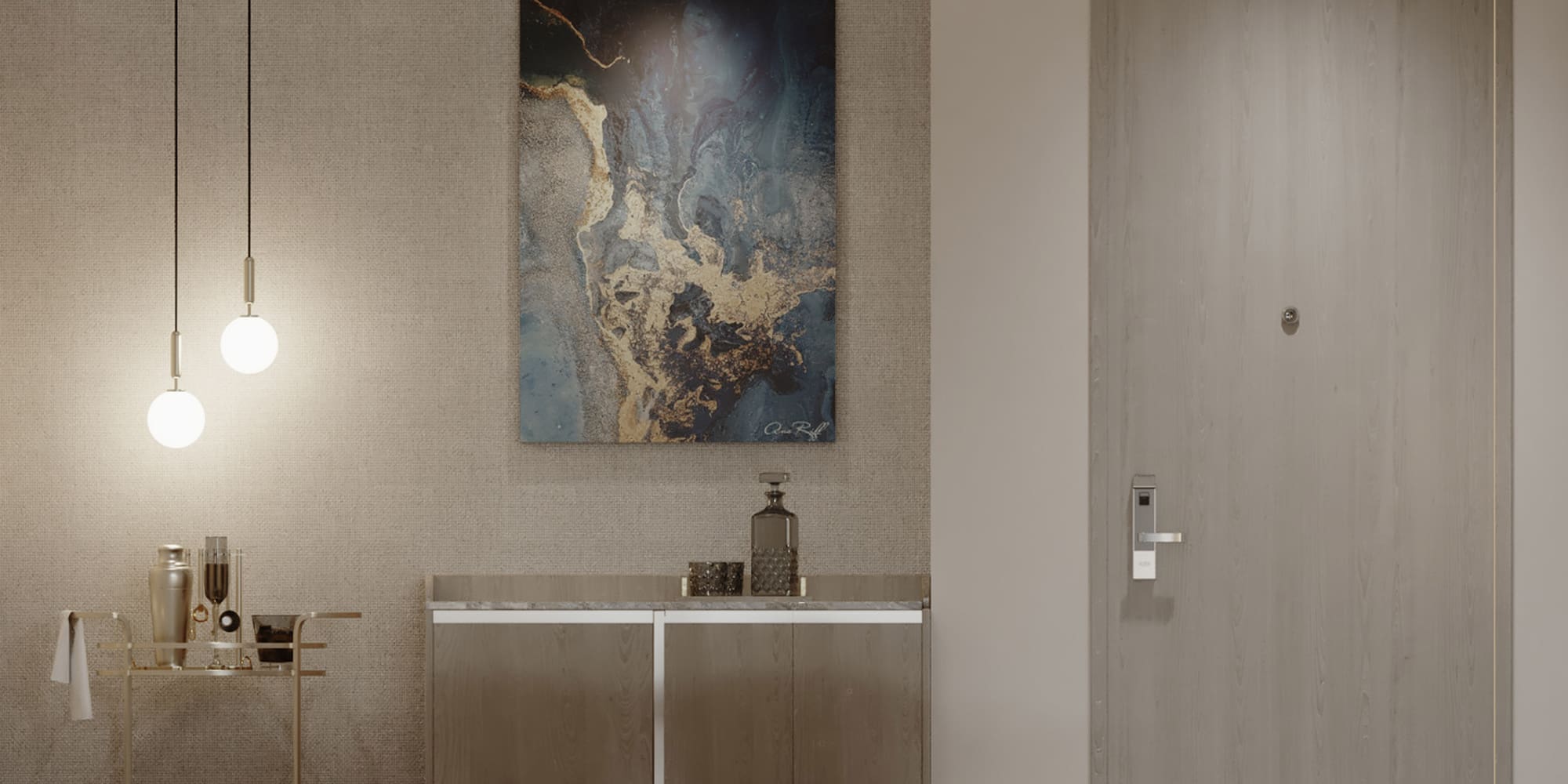 Modern entryway decor: gold bar cart, abstract art, pendant lights, wooden cabinet.