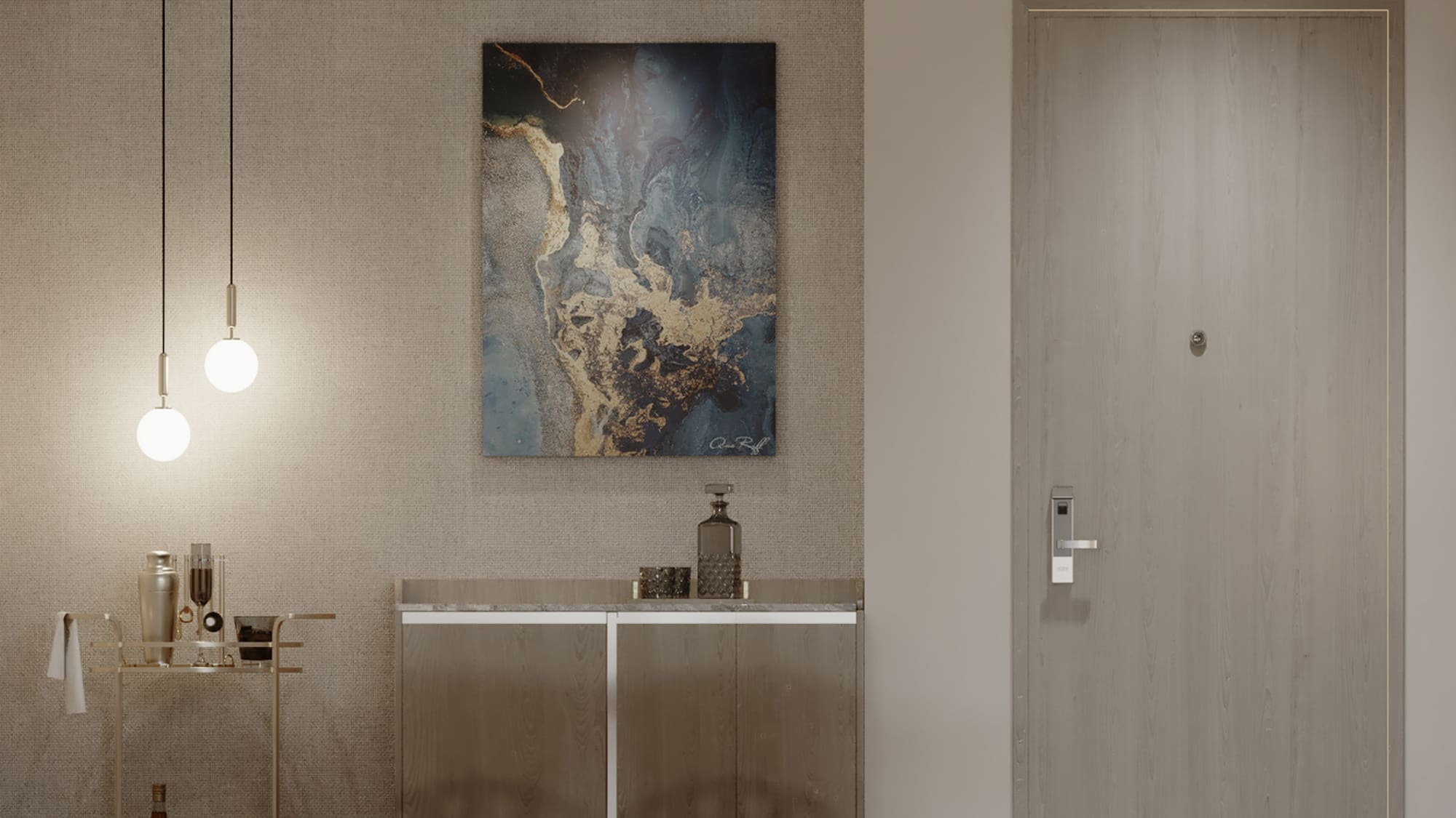 Modern entryway decor: gold bar cart, abstract art, pendant lights, wooden cabinet.