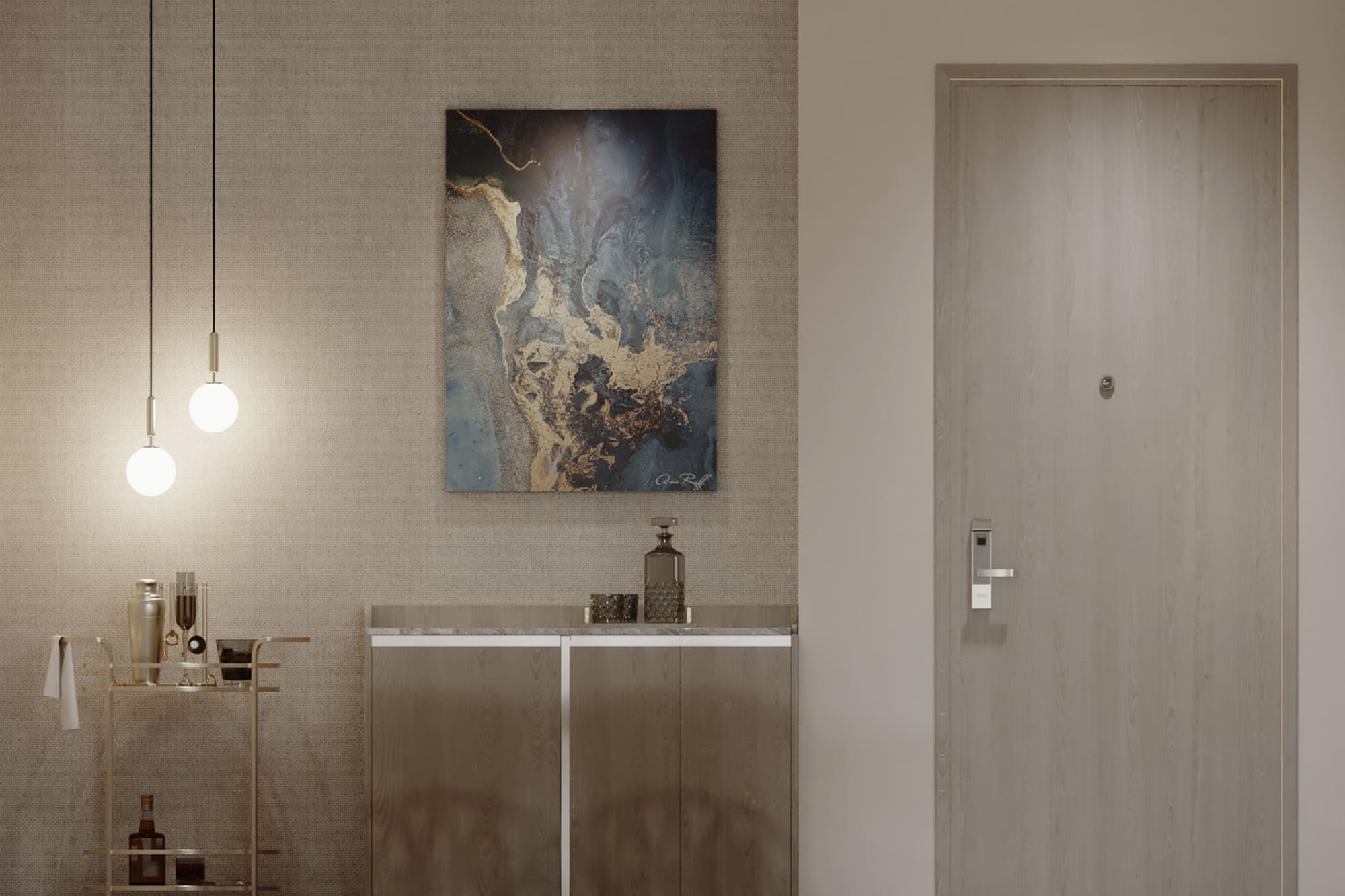 Modern entryway decor: gold bar cart, abstract art, pendant lights, wooden cabinet.