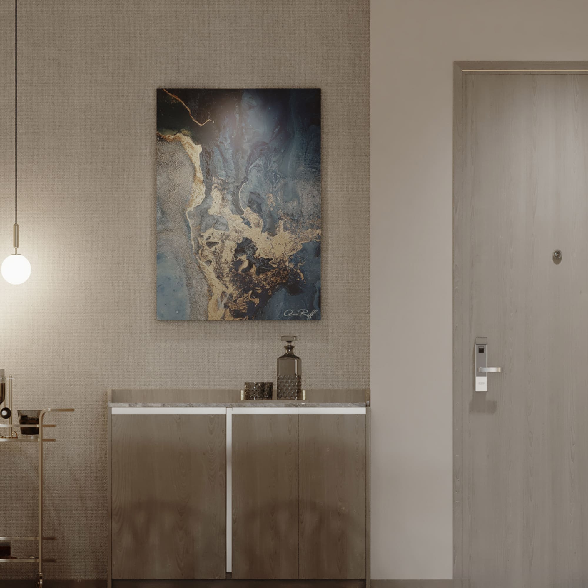 Modern entryway with gold bar cart, abstract art, pendant lights, and wooden door.