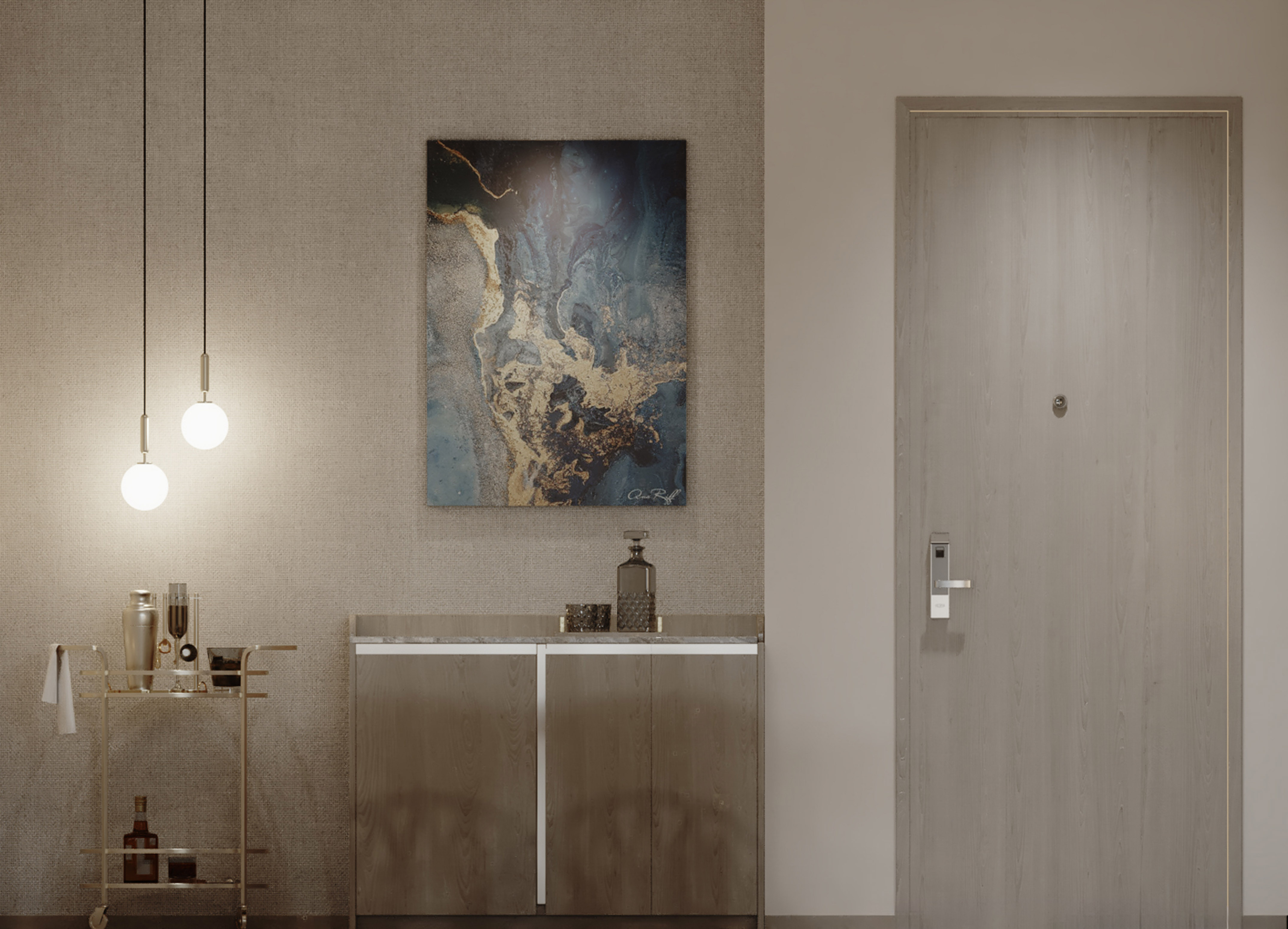 Modern entryway decor: gold bar cart, abstract art, pendant lights, wooden cabinet.