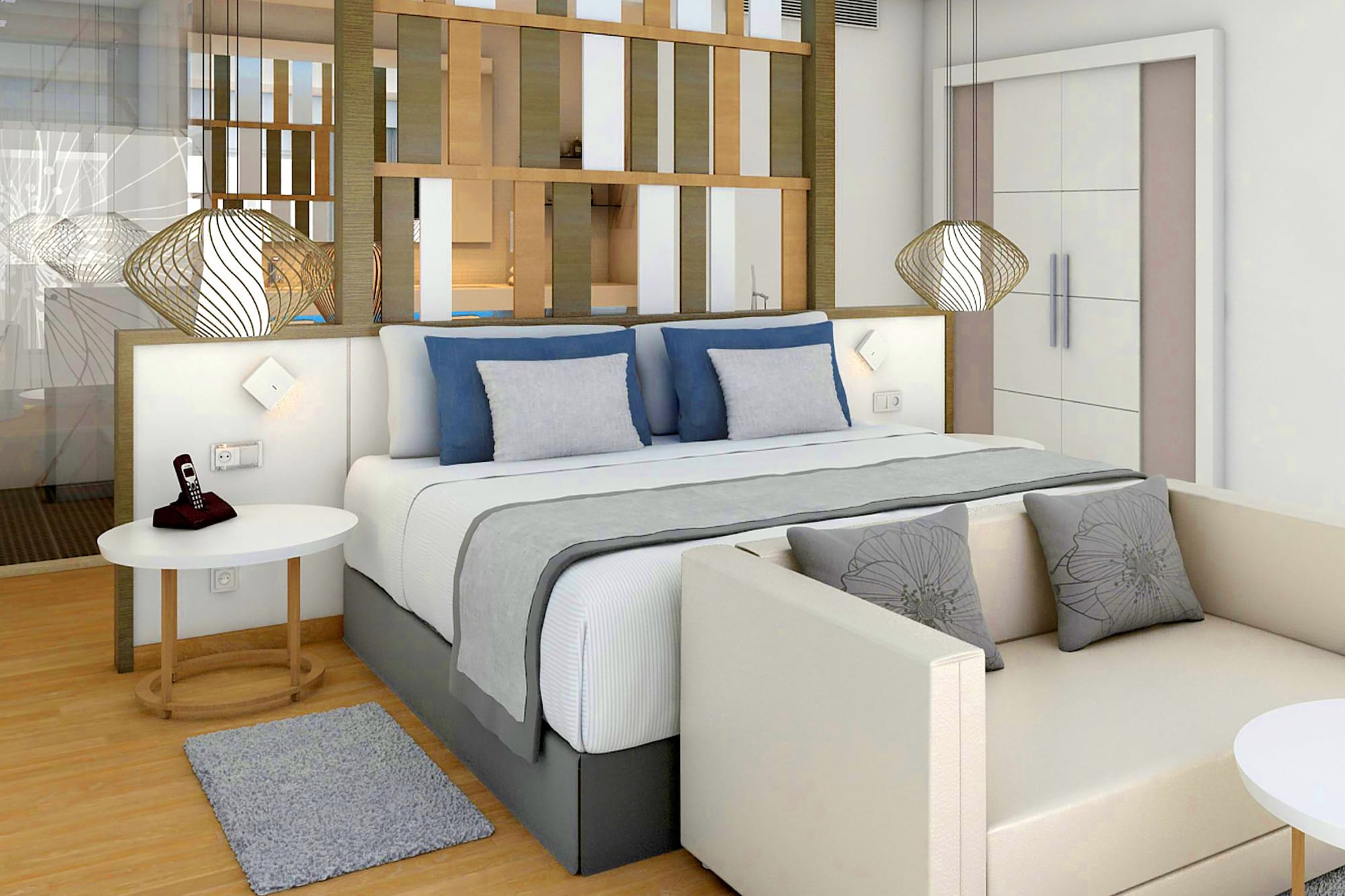 a bed with a white couch and a white table