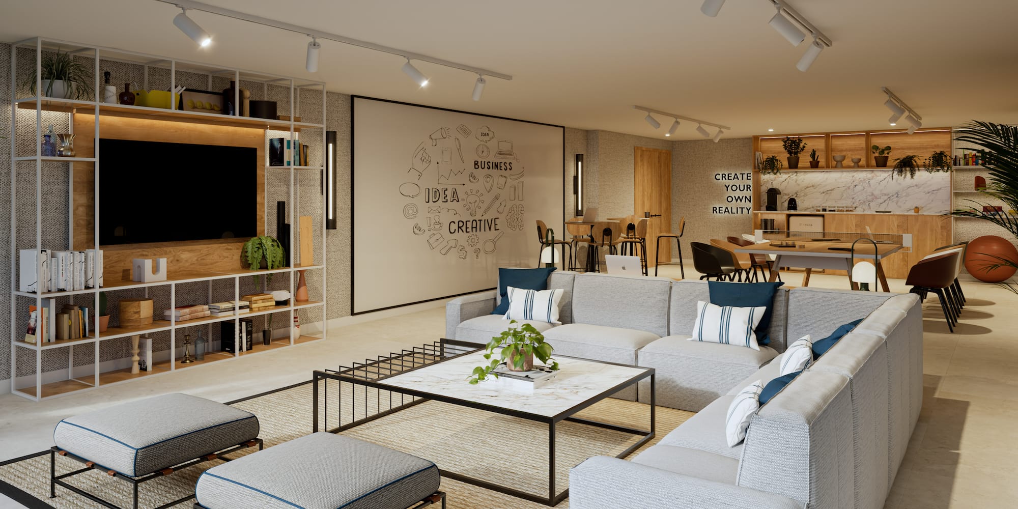 a room with a large couch and a large tv