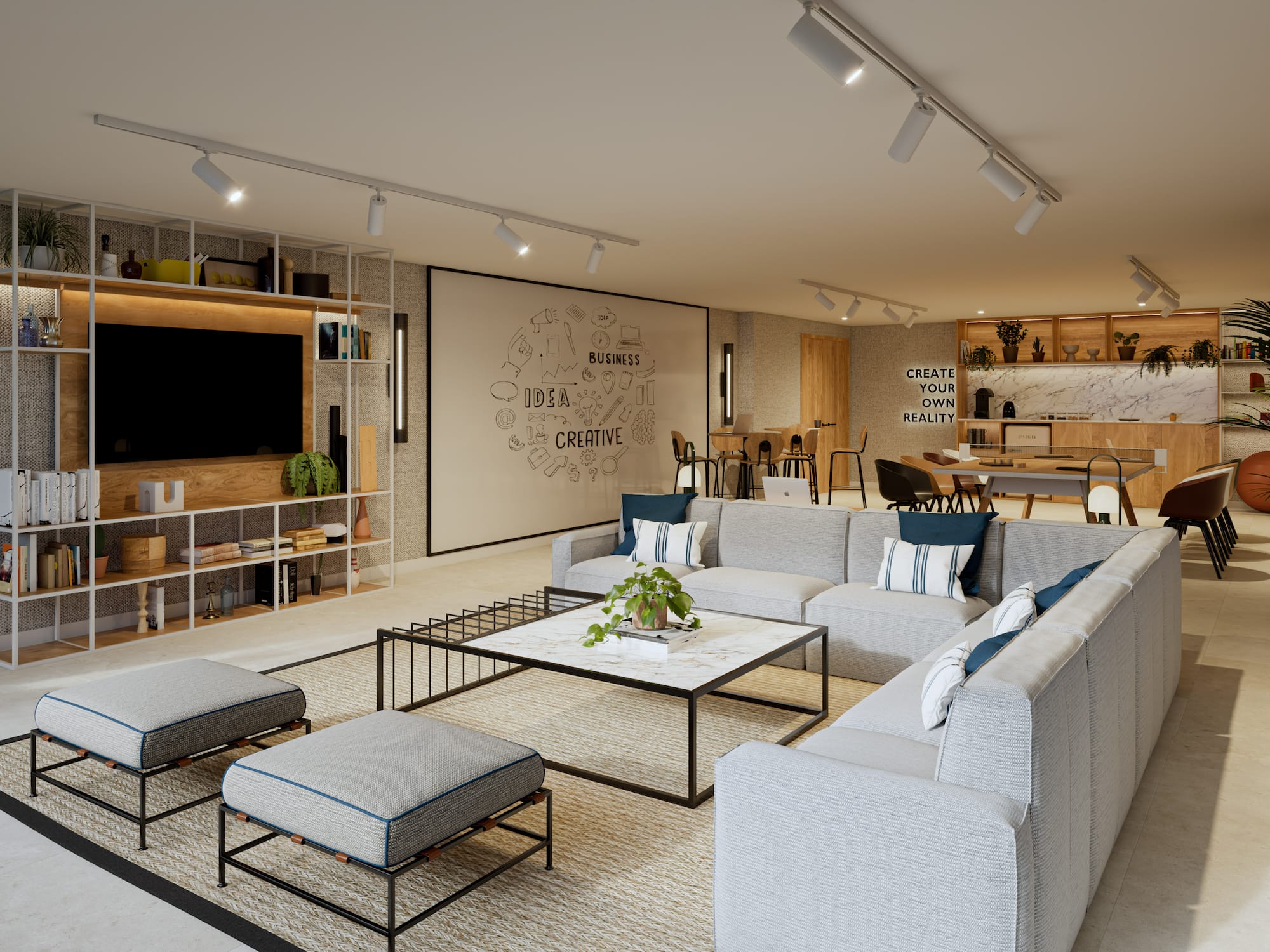 a room with a large couch and a large tv