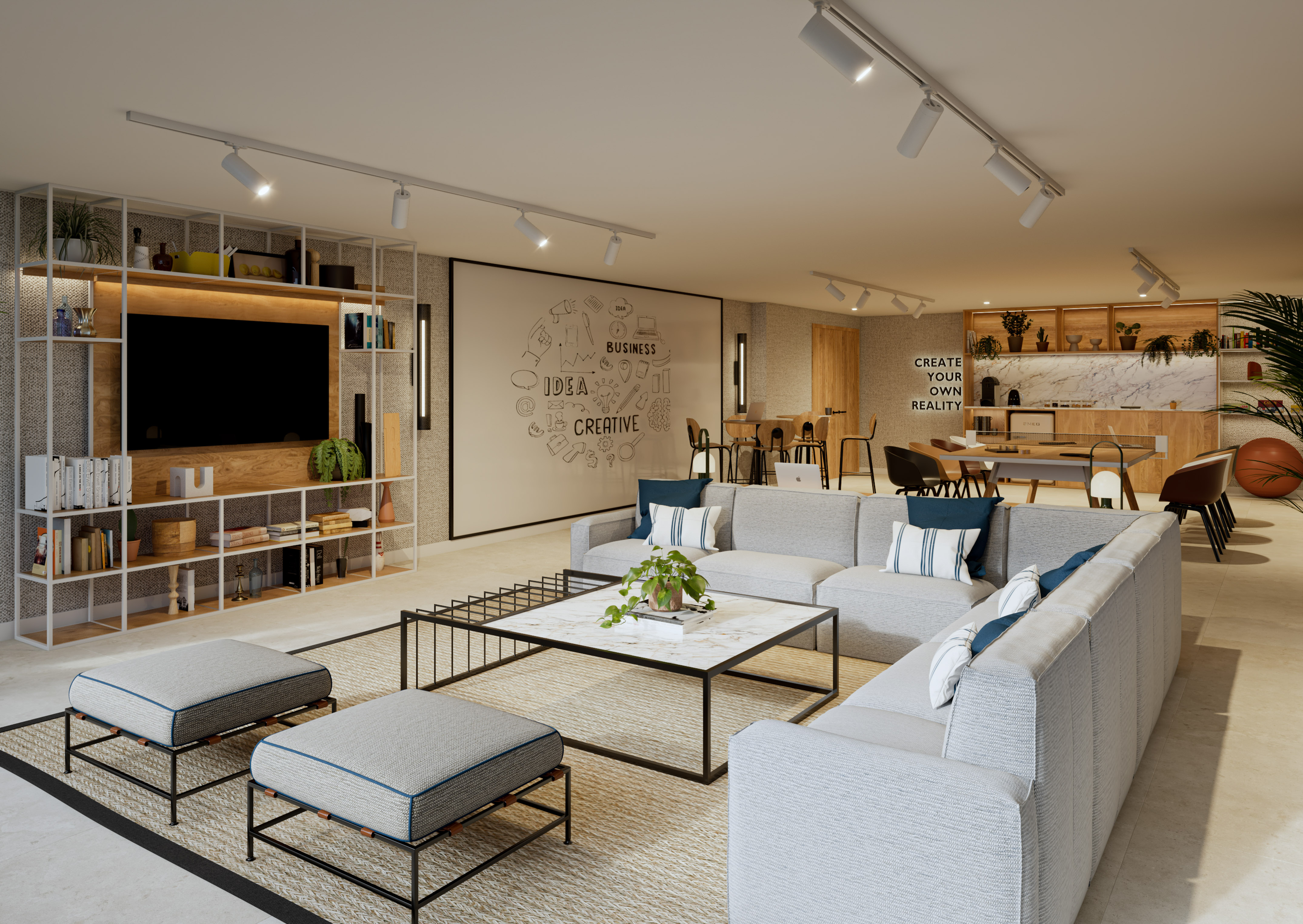 Modern lounge with gray sectional, TV, marble table, and creative wall art.