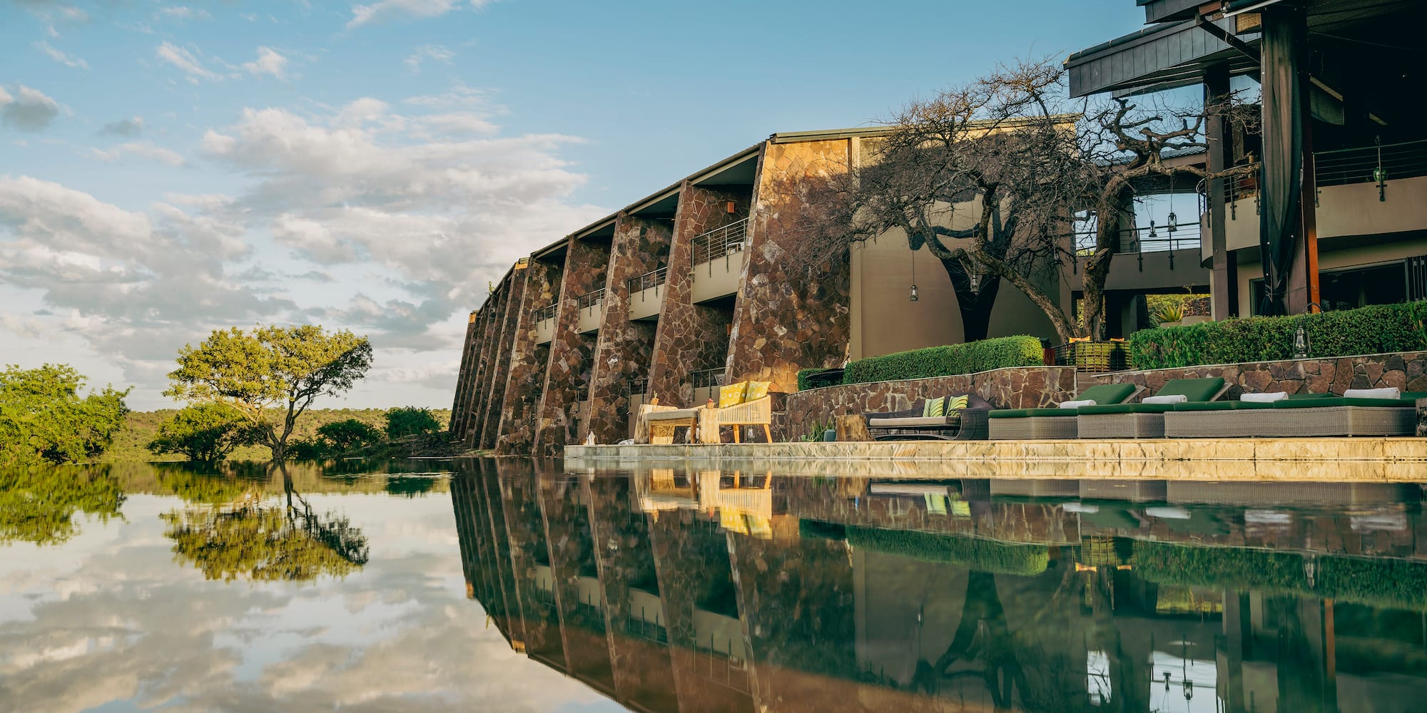 a building with a pool of water
