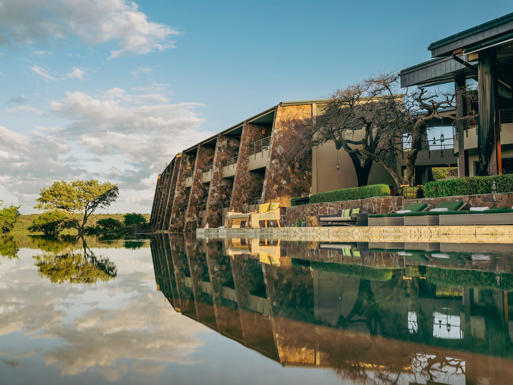a building with a pool of water