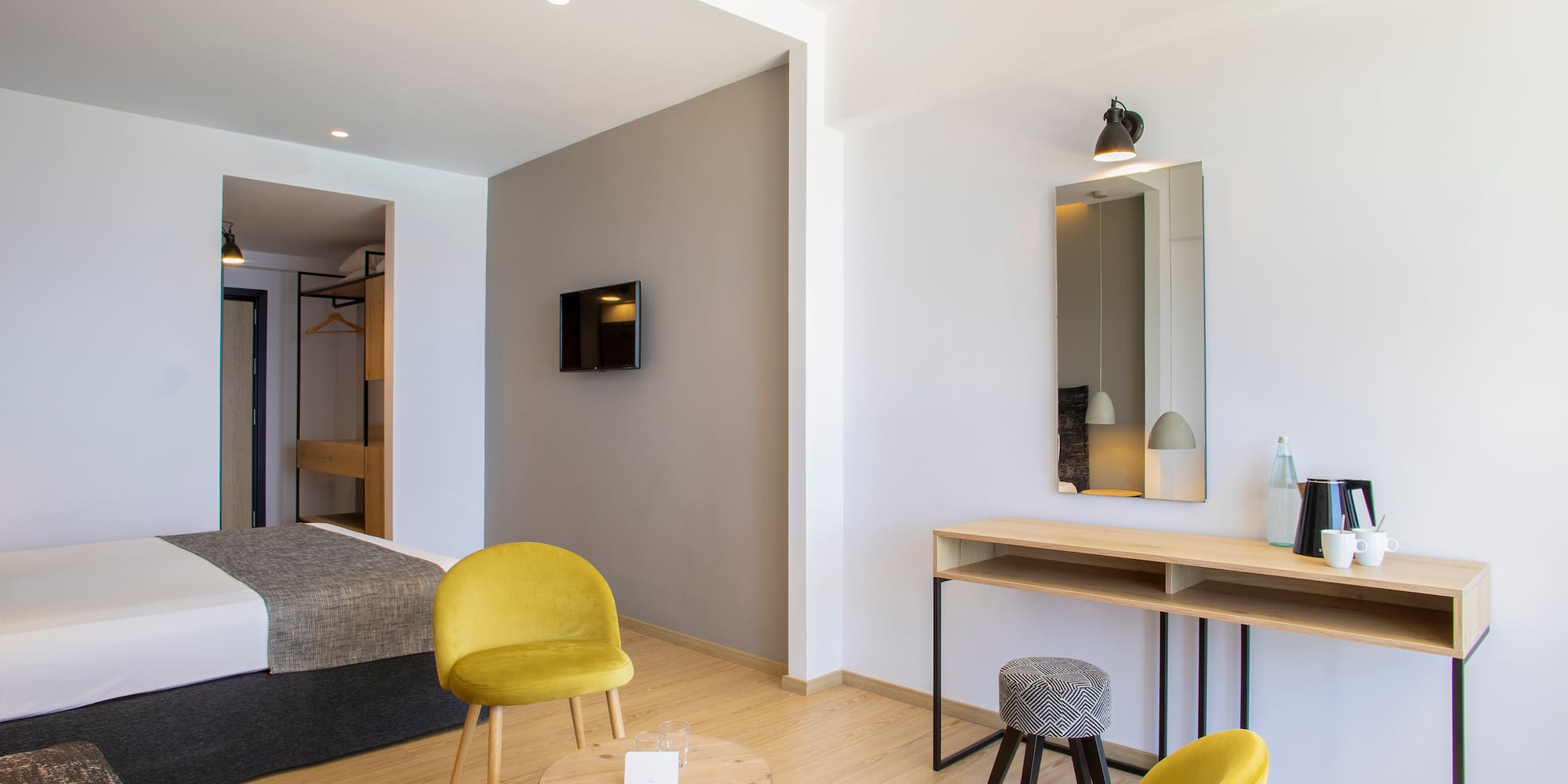 a room with a bed and a table