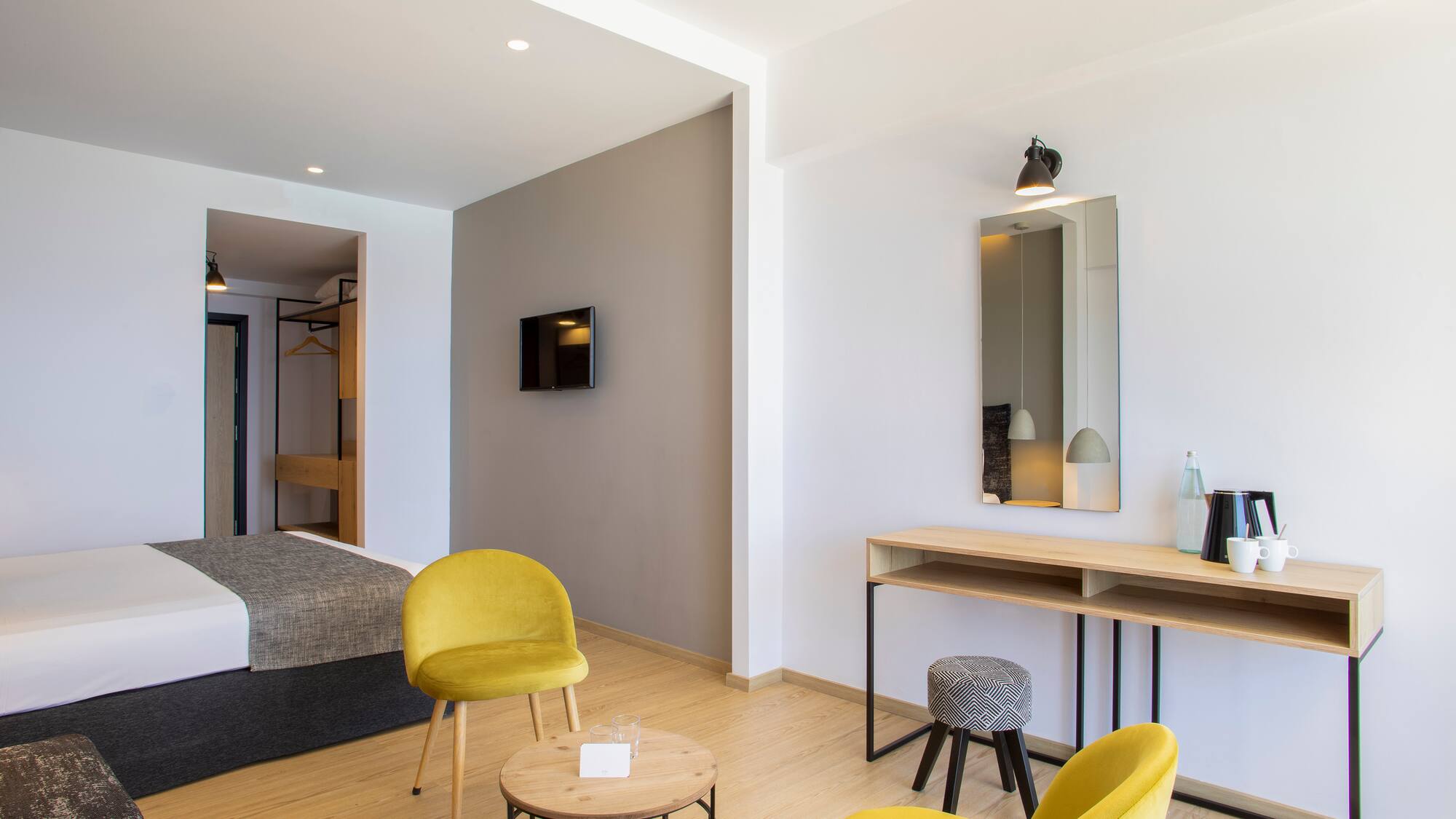 a room with a bed and a table