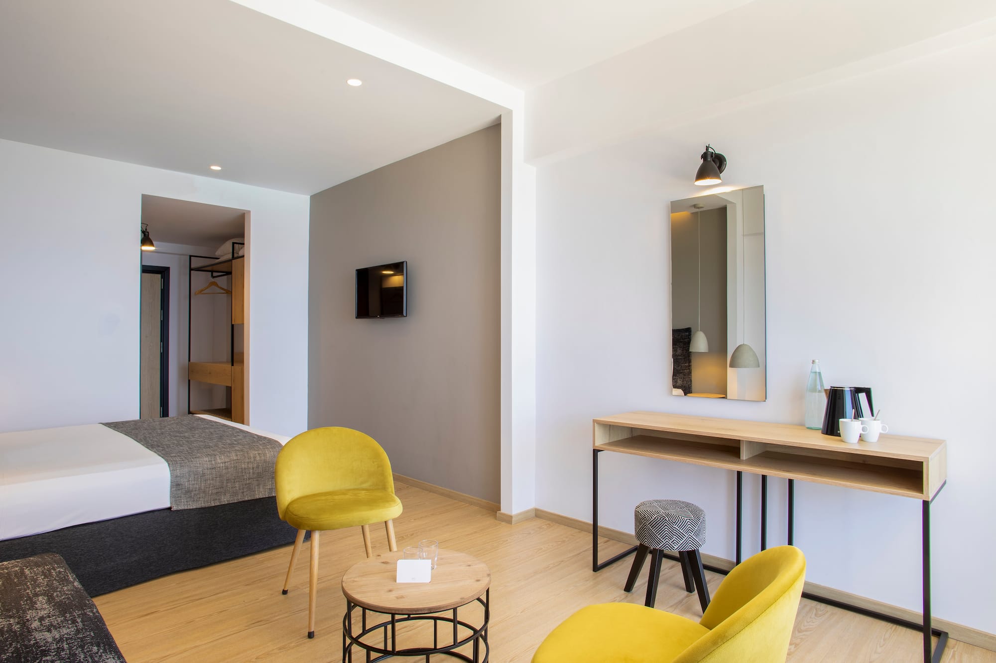 a room with a bed and a table