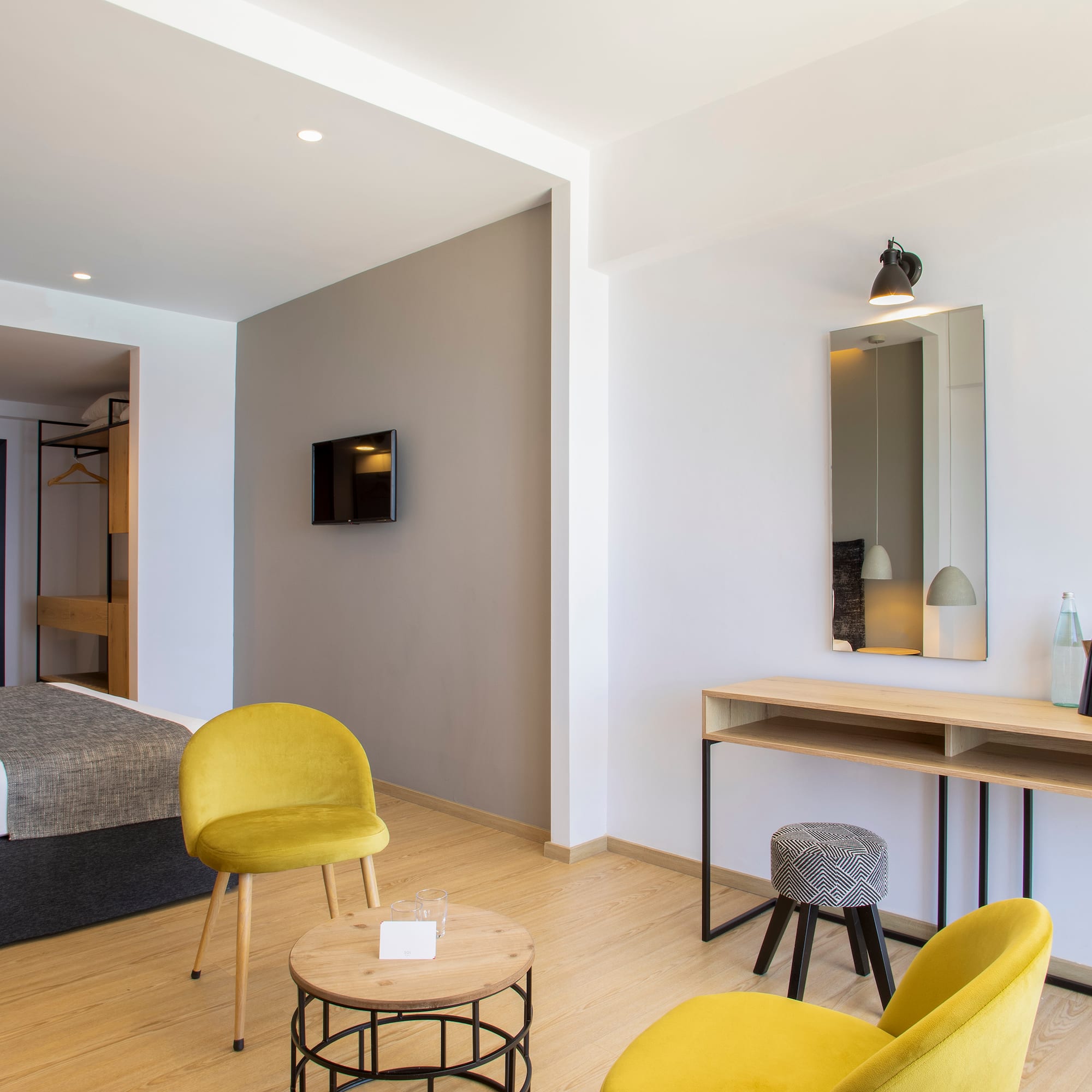 a room with a bed and a table