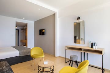 a room with a bed and a table