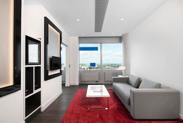 a living room with a couch and a red rug