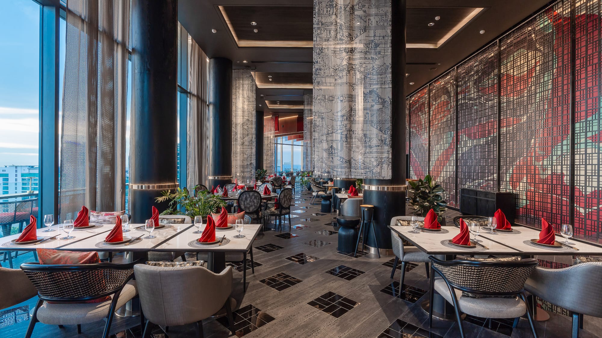 a restaurant with tables and chairs