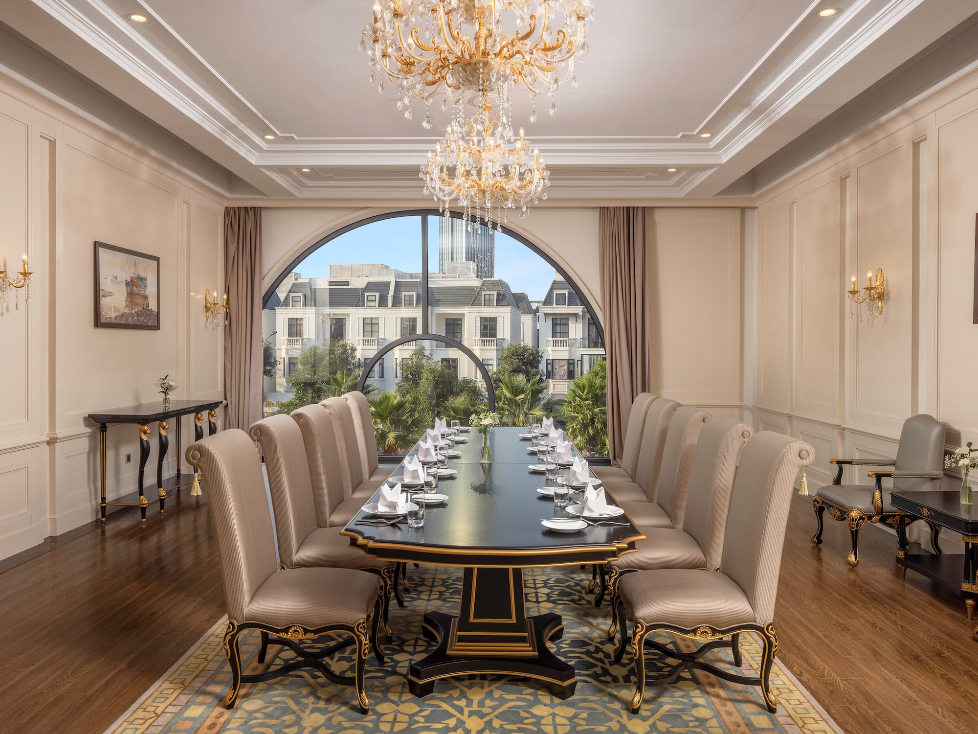 a room with a table and chairs