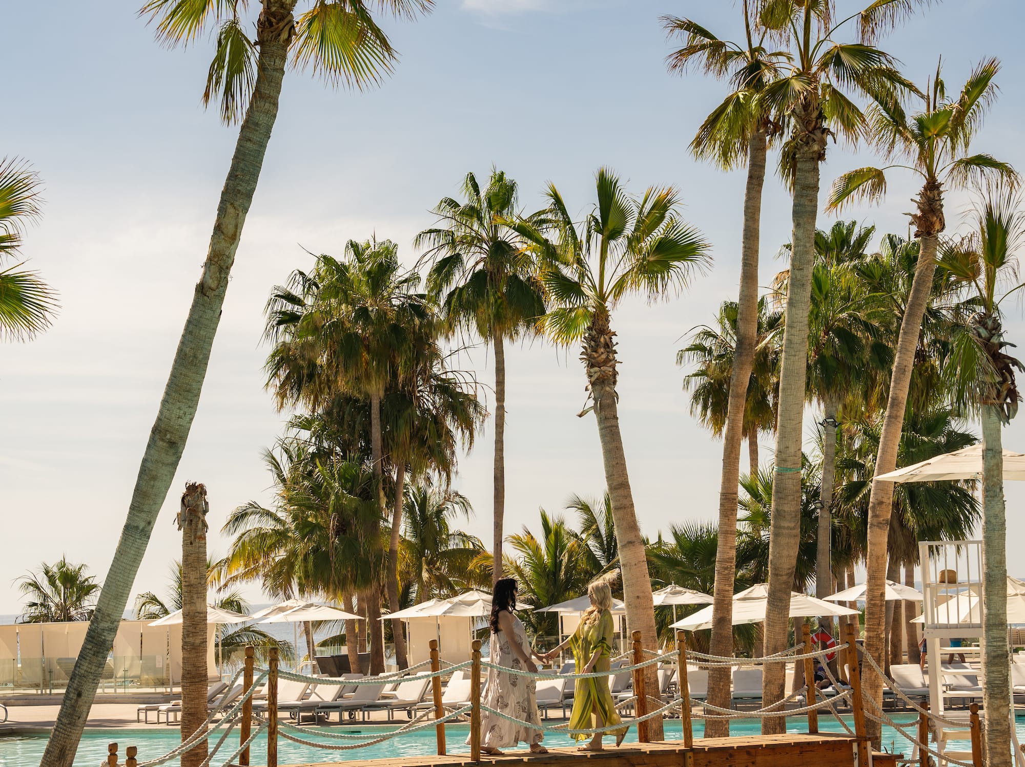 a bridge over a pool with palm trees