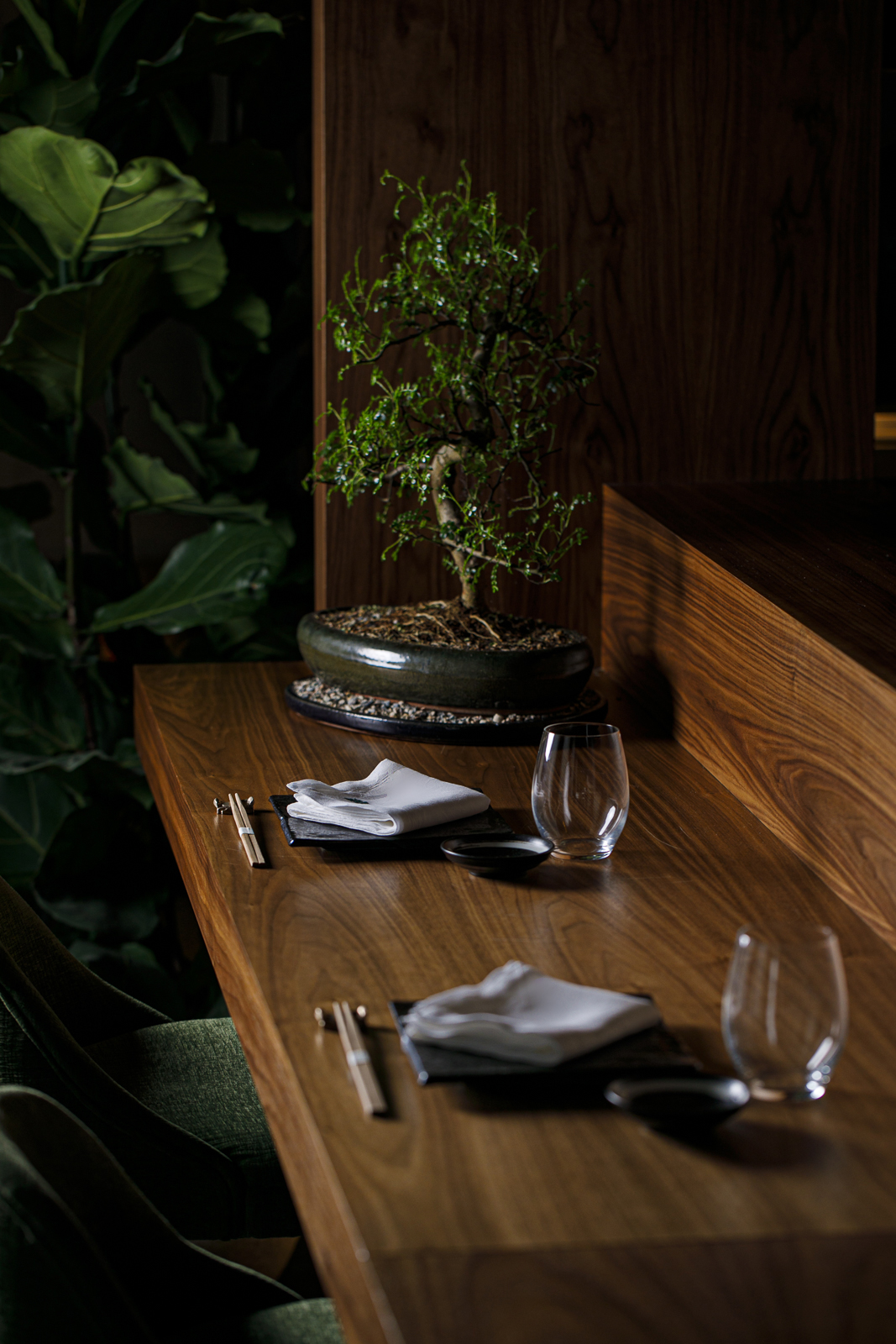 Japanese restaurant table with bonsai tree, chopsticks, and dark wood.