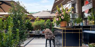 a bar with plants on the side