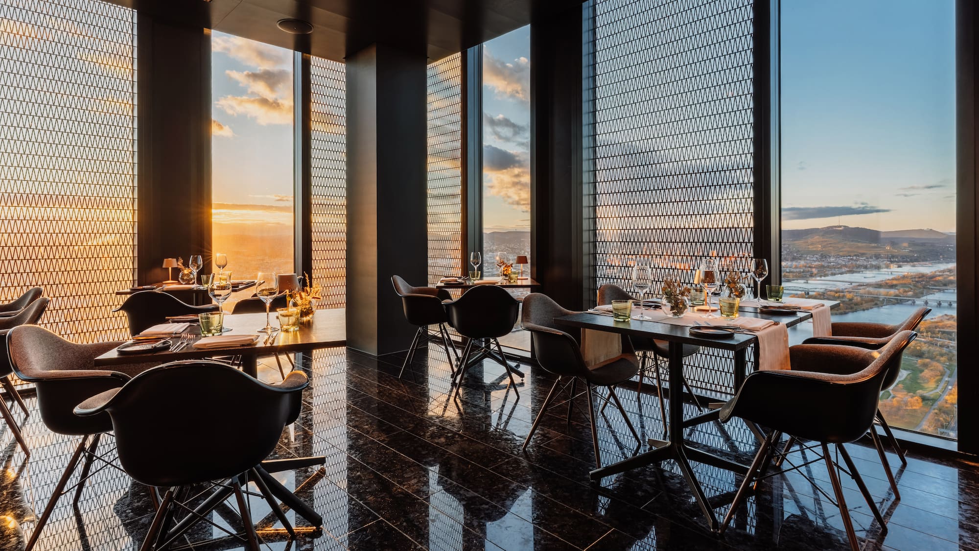 a room with tables and chairs