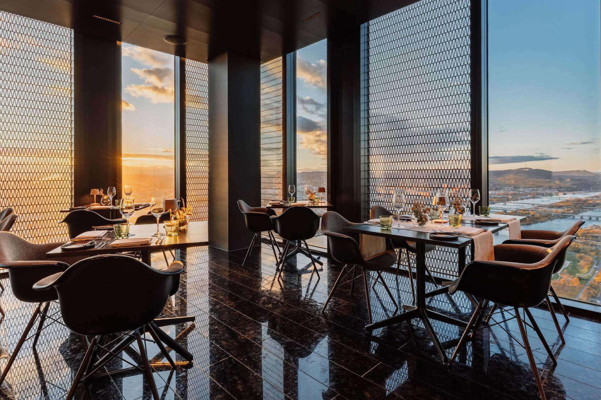 a room with tables and chairs
