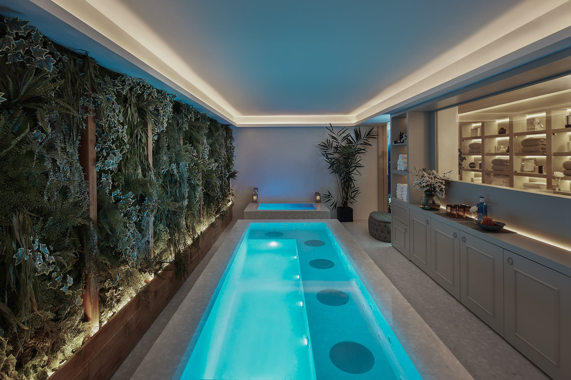 a indoor pool with plants and a wall