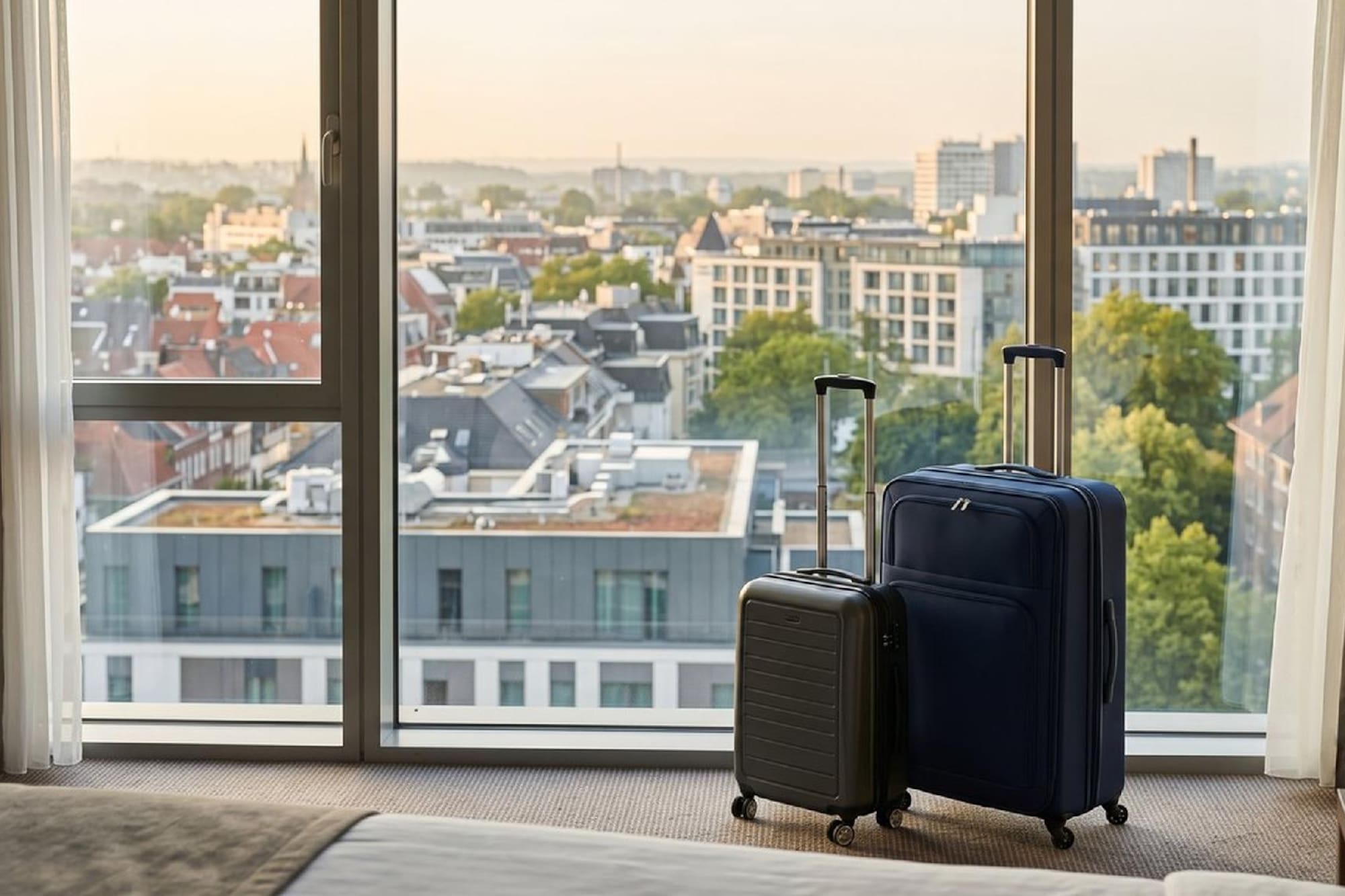 Black and blue suitcases in a modern hotel room with city view.