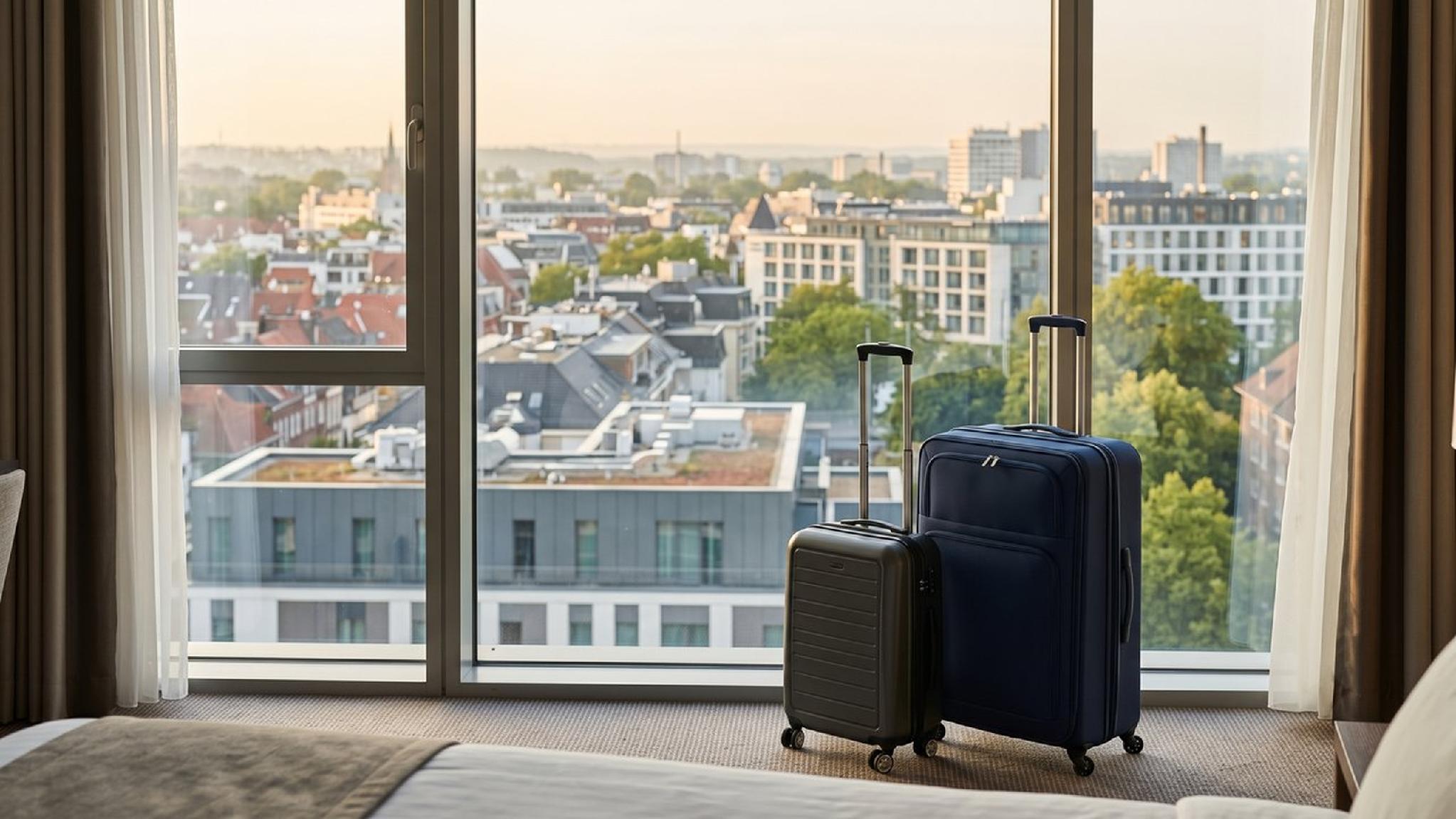 Black and blue suitcases in a modern hotel room with city view.